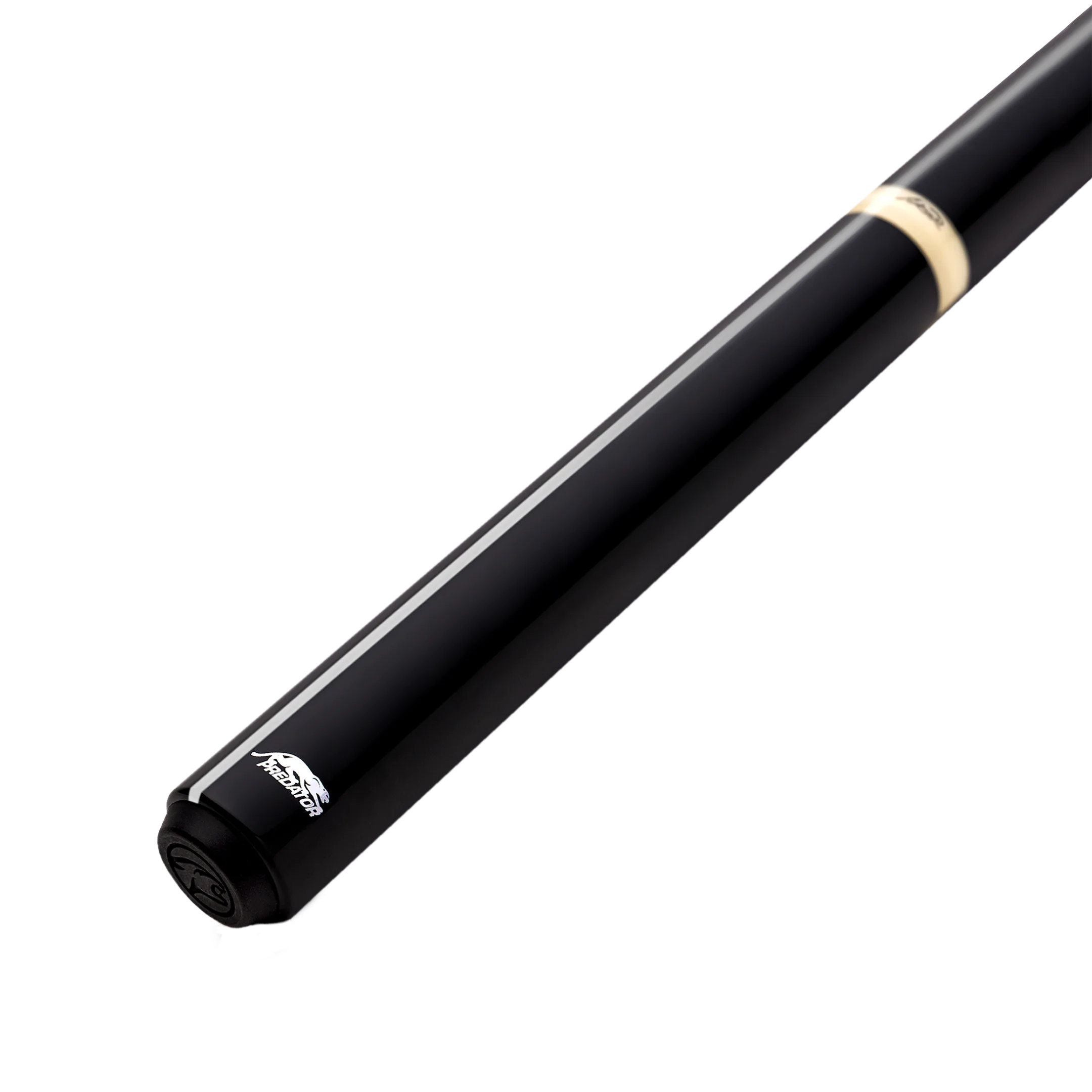 Black pool cue with pale accent ring on a white background.