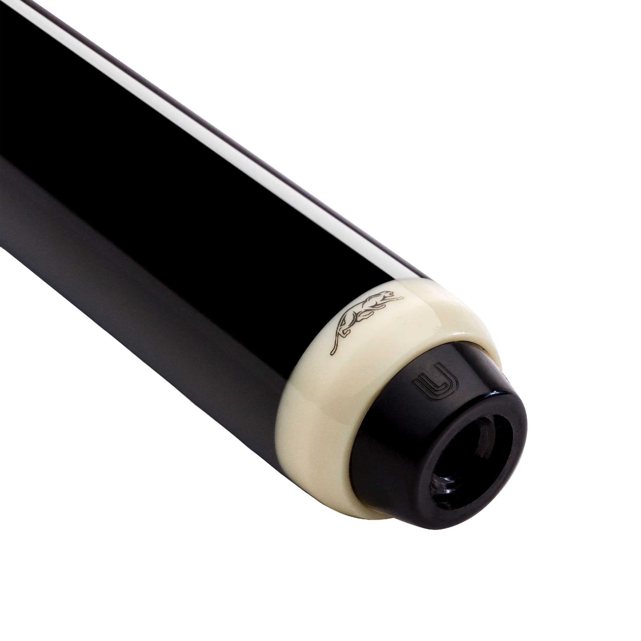 Close-up of a pool cue with black and beige design on a white background.