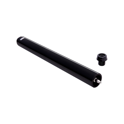 Black cylindrical pool cue extender with black screw-in cue bumper.