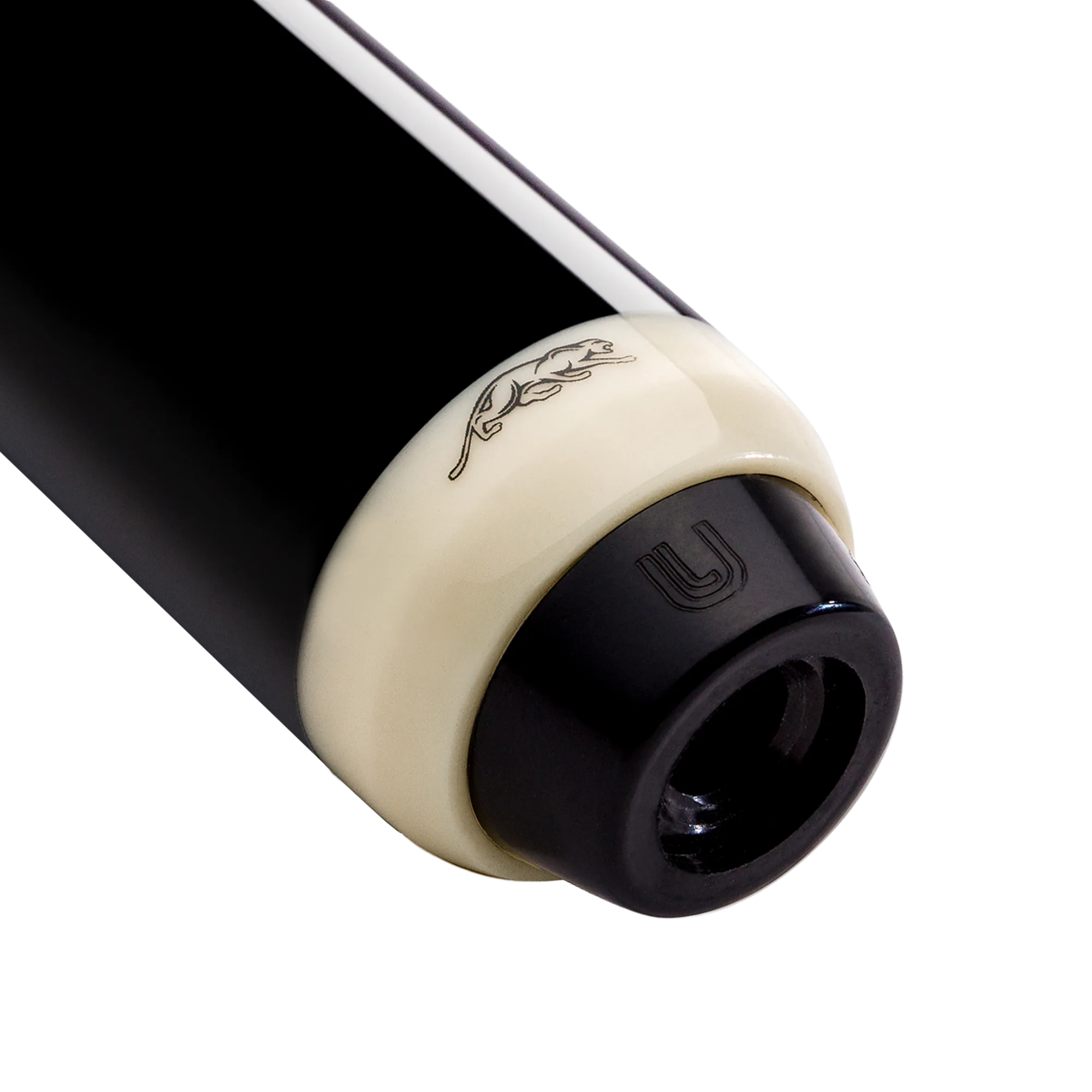 Close-up of a black pool cue butt with white bottom on white background.