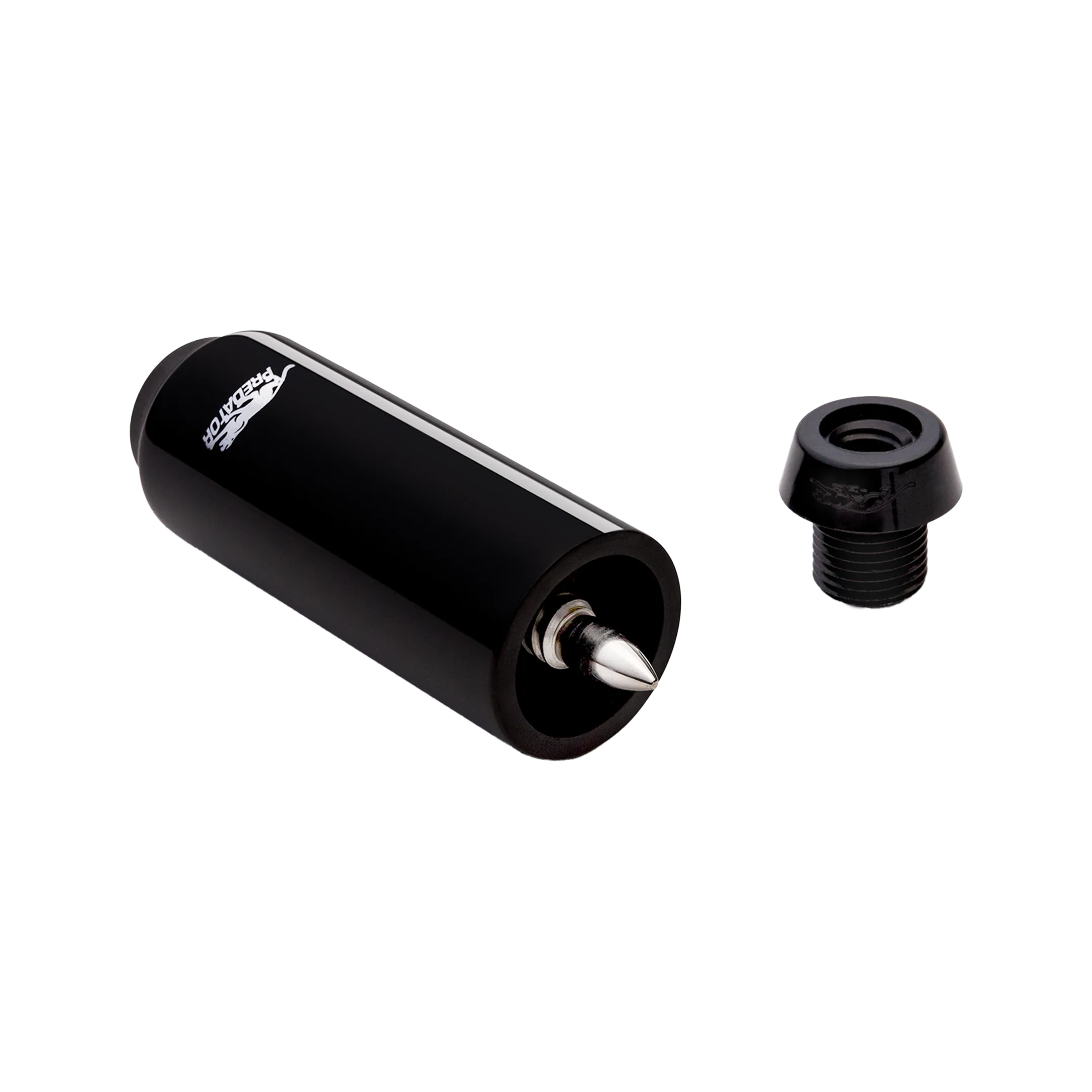 Shiny, cylindrical pool cue extension with black screw-in cue bumper.