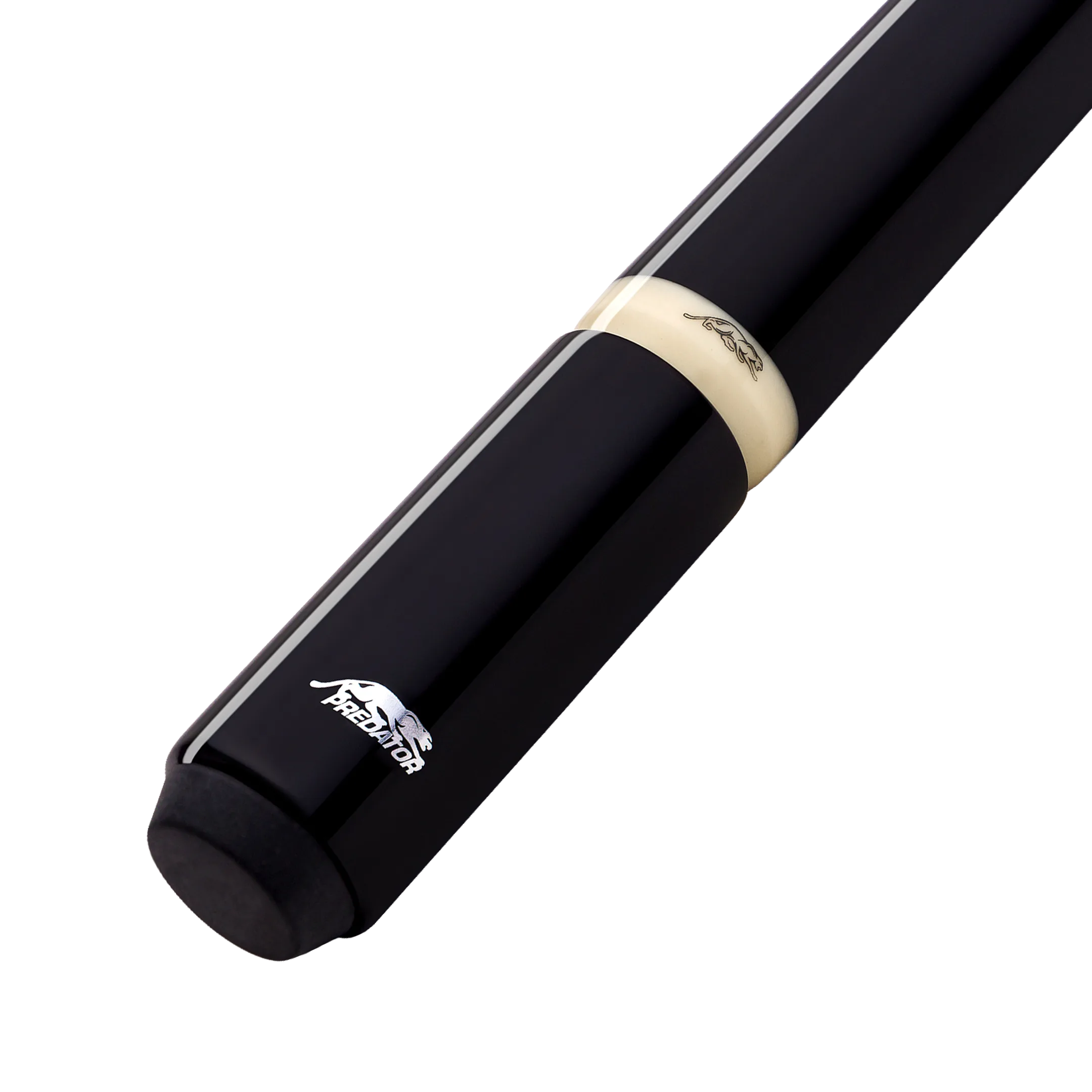 Black pool cue with pale band and logo on a white background.