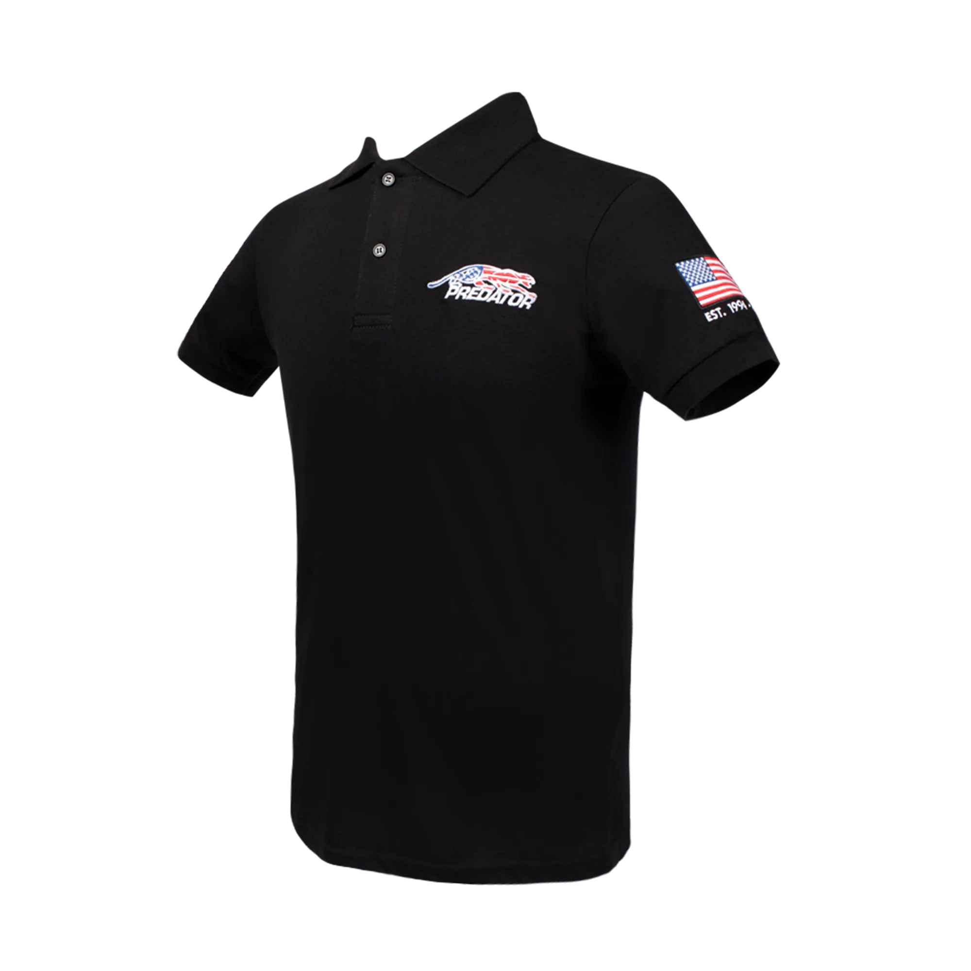 Black collared polo with United States flag Predator logo