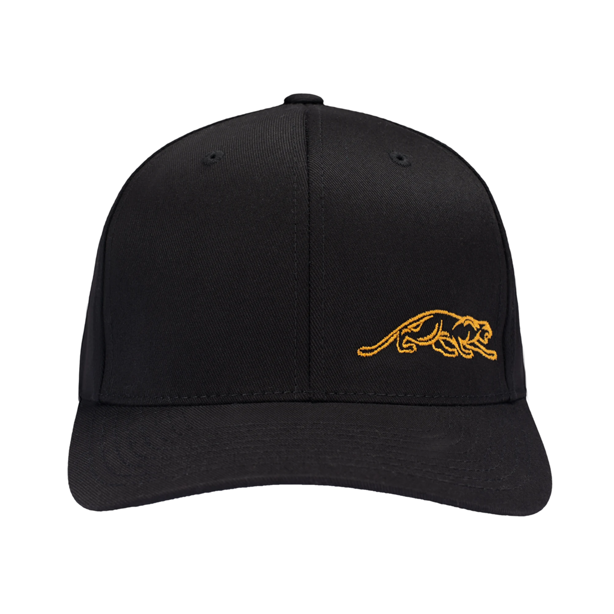Front view of black ball cap with gold embroidered panther logo against a white background.