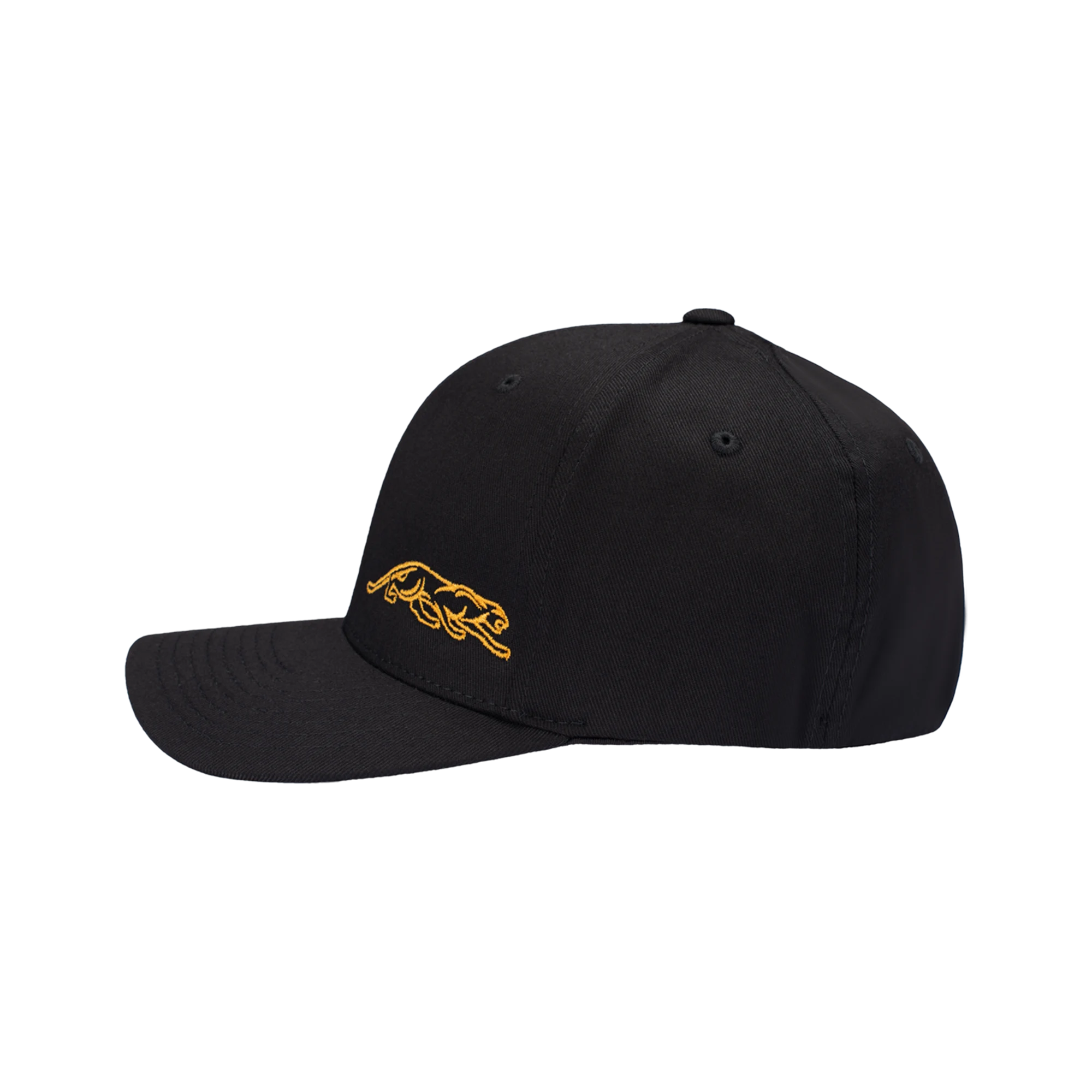 Side view of black ball cap with gold embroidered panther logo against a white background.