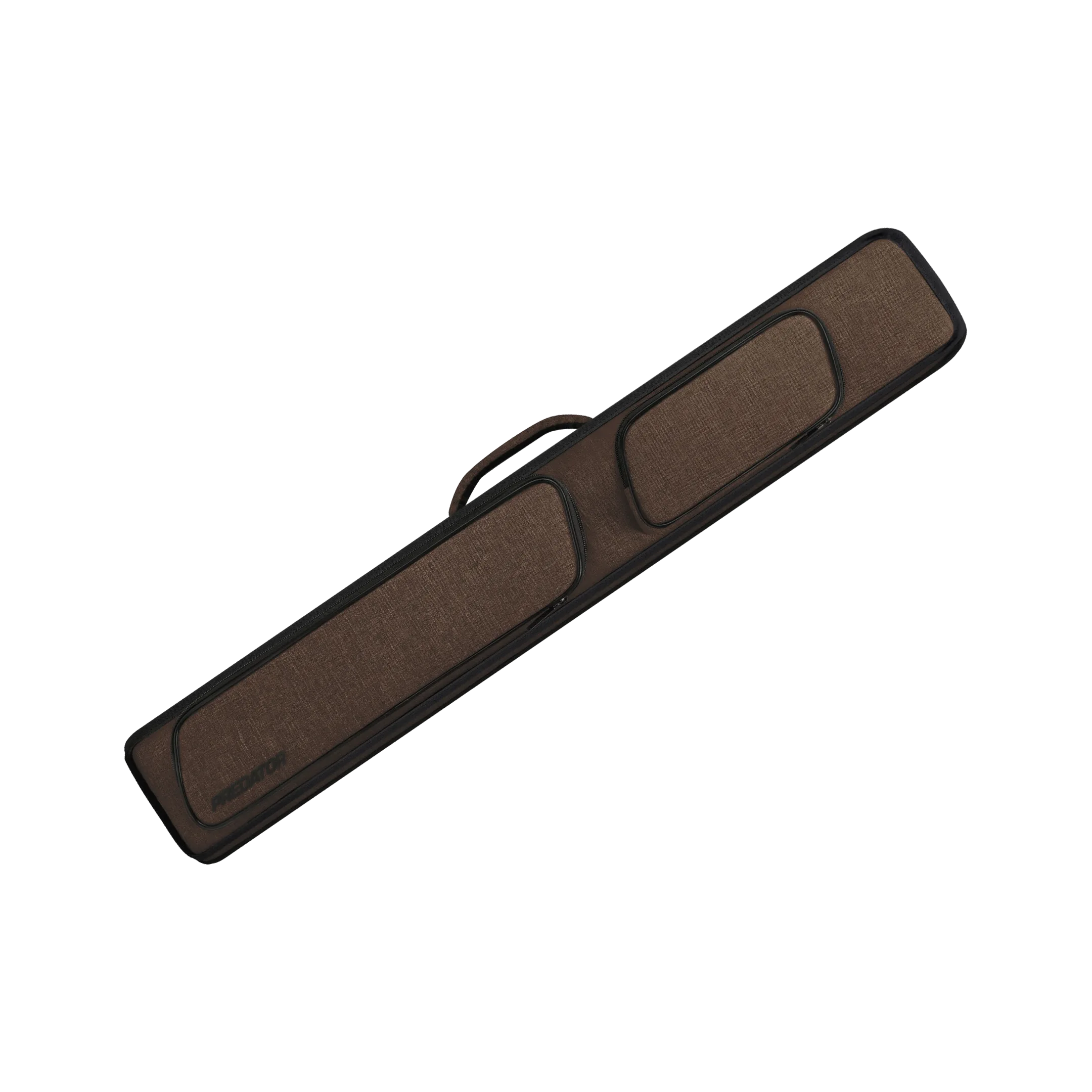 Brown rectangular pool cue case with black trim and black Predator logo on a white background.