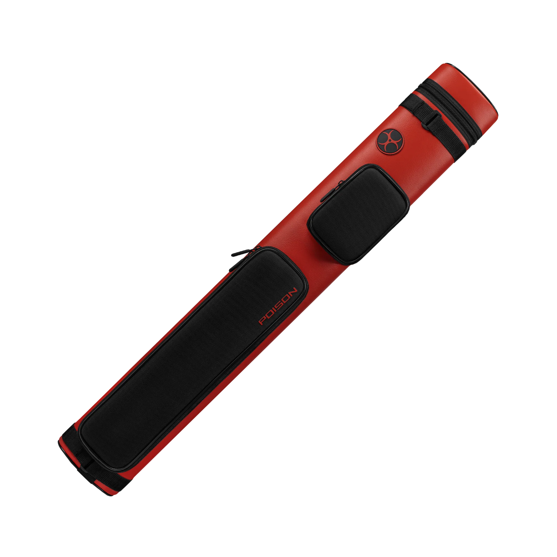 Red and black pool cue case with POISON logo and red biohazard symbol