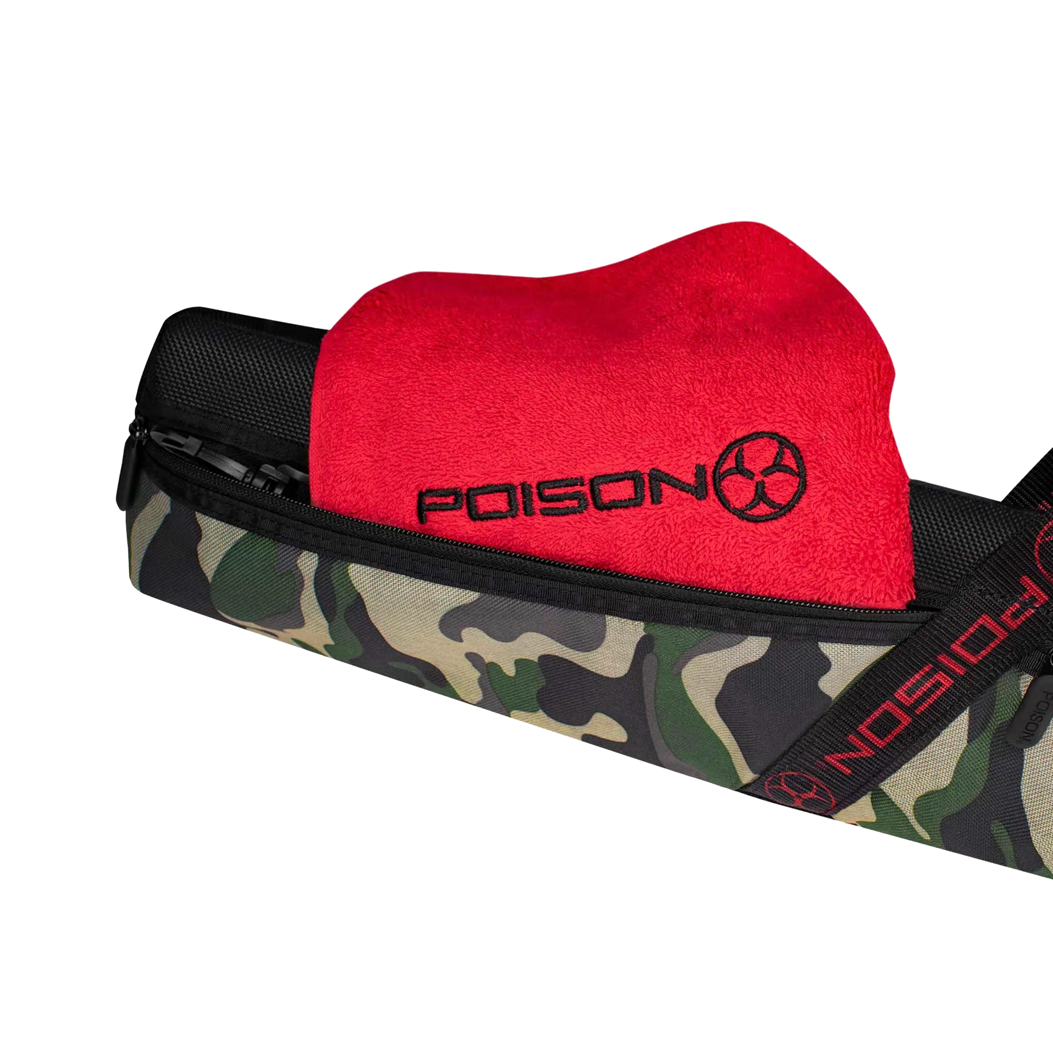 Camouflage pool cue case with red billiard towel featuring 'POISON'