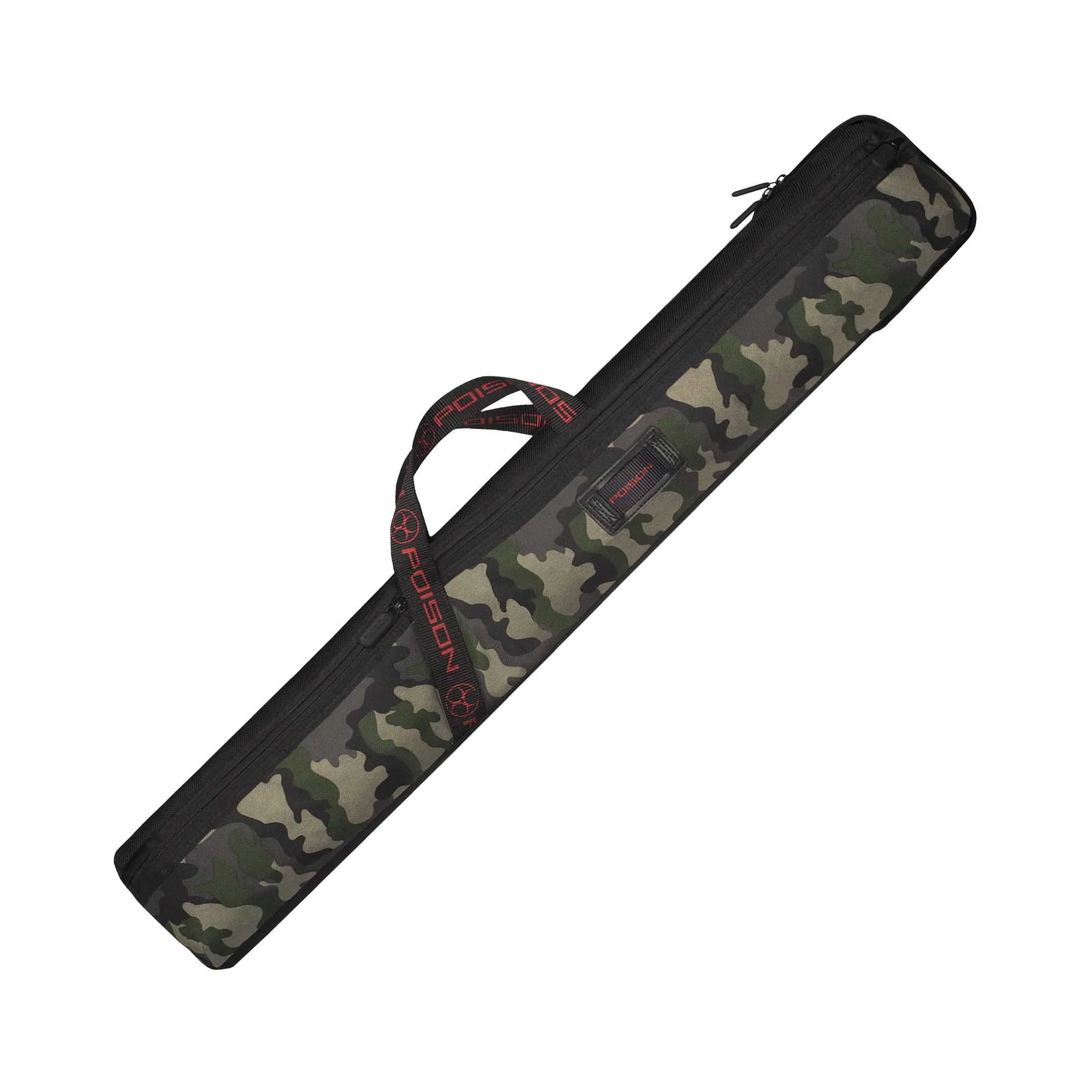 Camouflage-patterned pool cue case with a red handle and POISON logo on a white background.