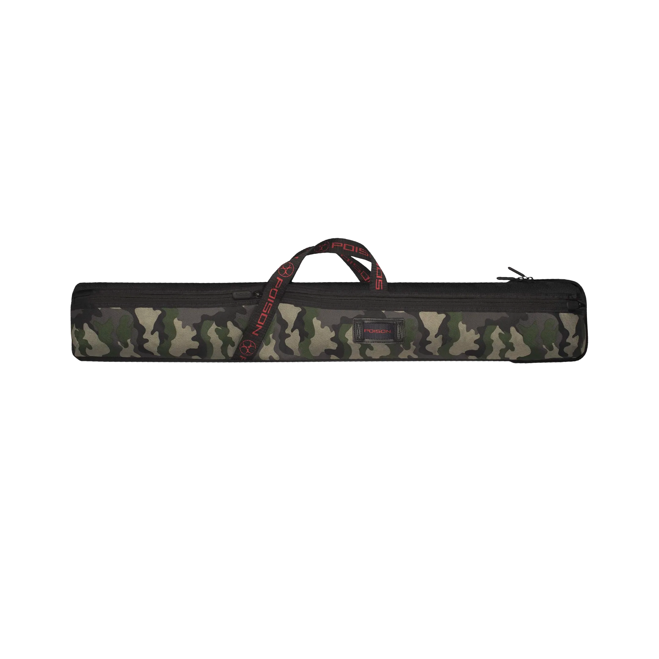 Camouflage-patterned pool cue case with a handle and POISON logo