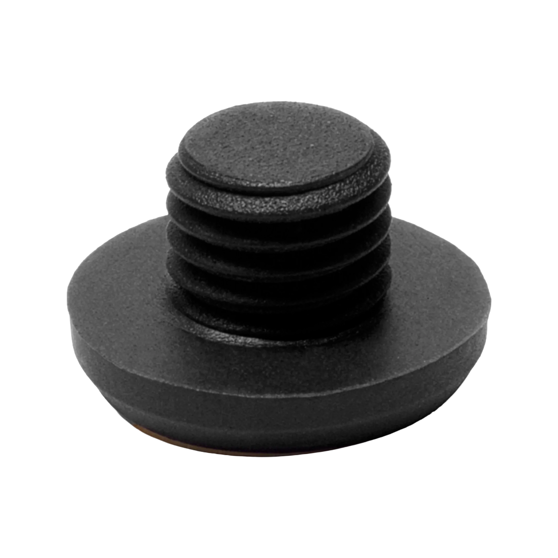 Black threaded pool cue bumper on white background.