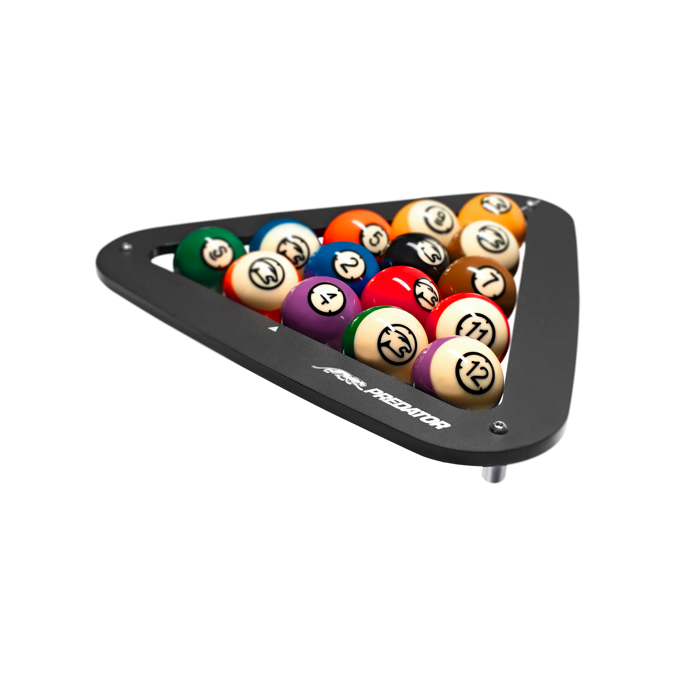 Triangular black pool ball rack with billiard balls on a white background.