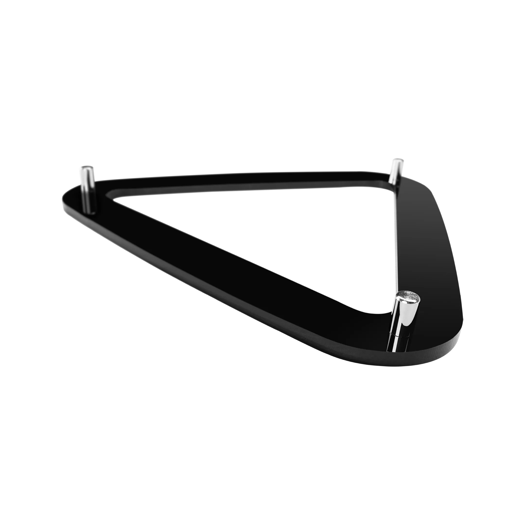Black triangular pool ball rack with metal pegs on a white background.