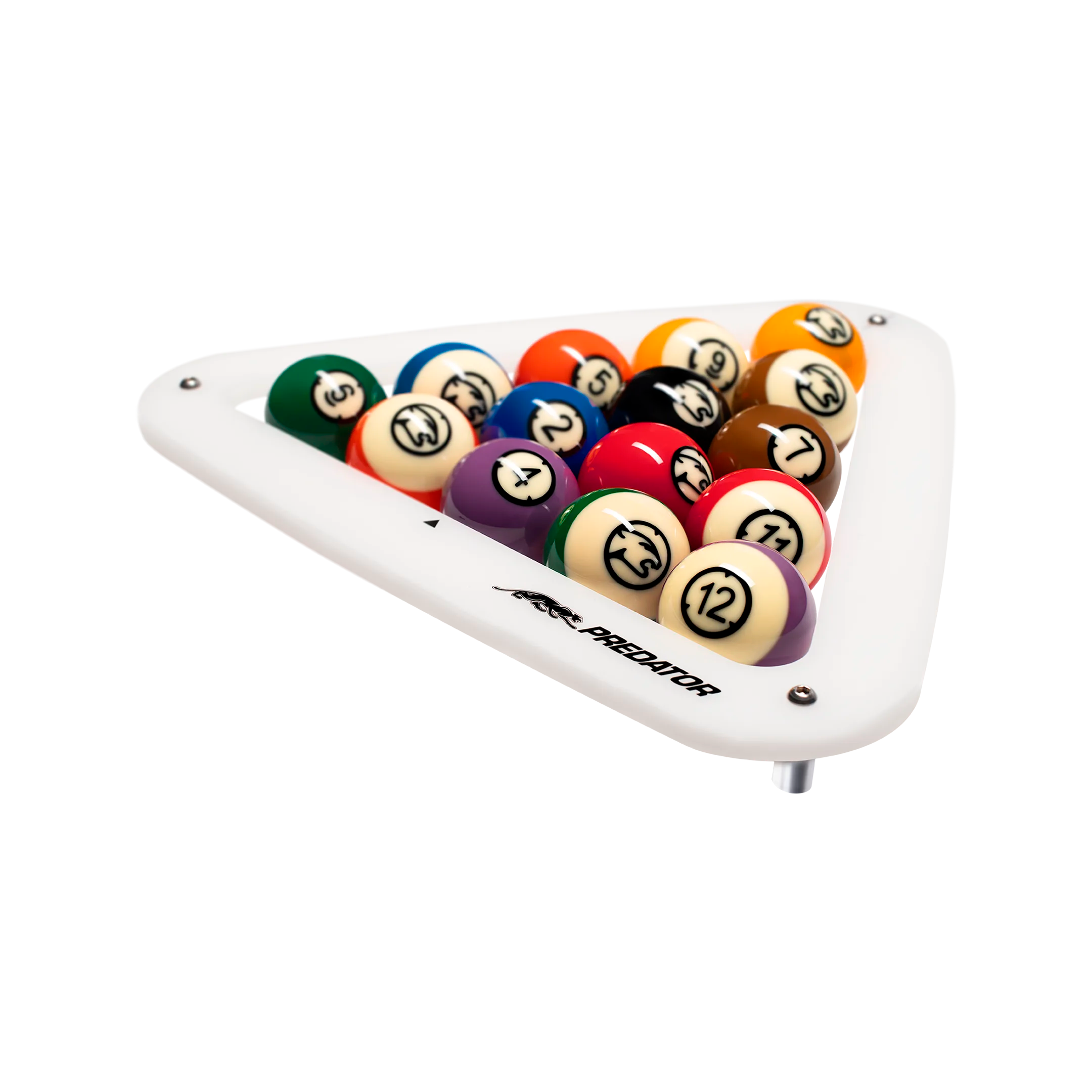 Set of pool balls in a white triangle rack on a white background.