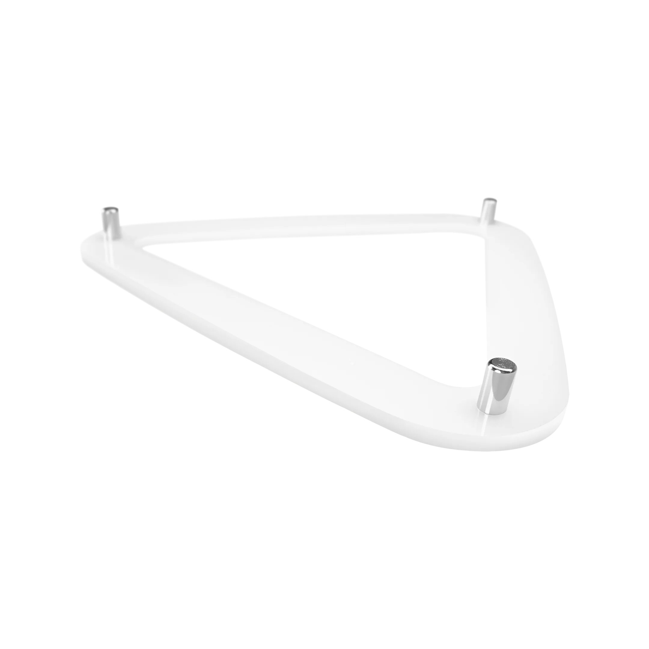 White plastic triangular bracket with three metallic screws on a white background.