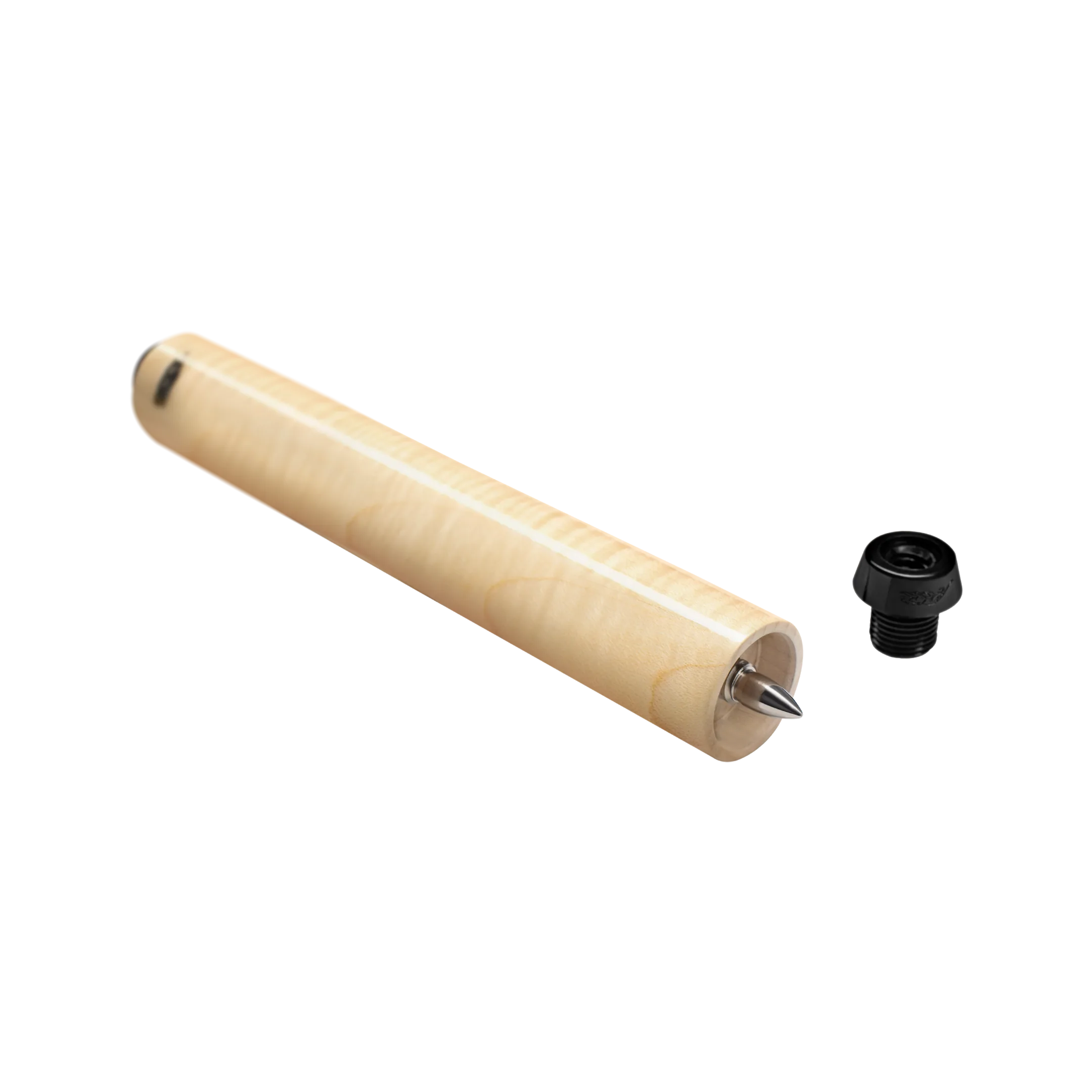 Pale wood cylindrical pool cue extension with black screw-in pool cue bumper.