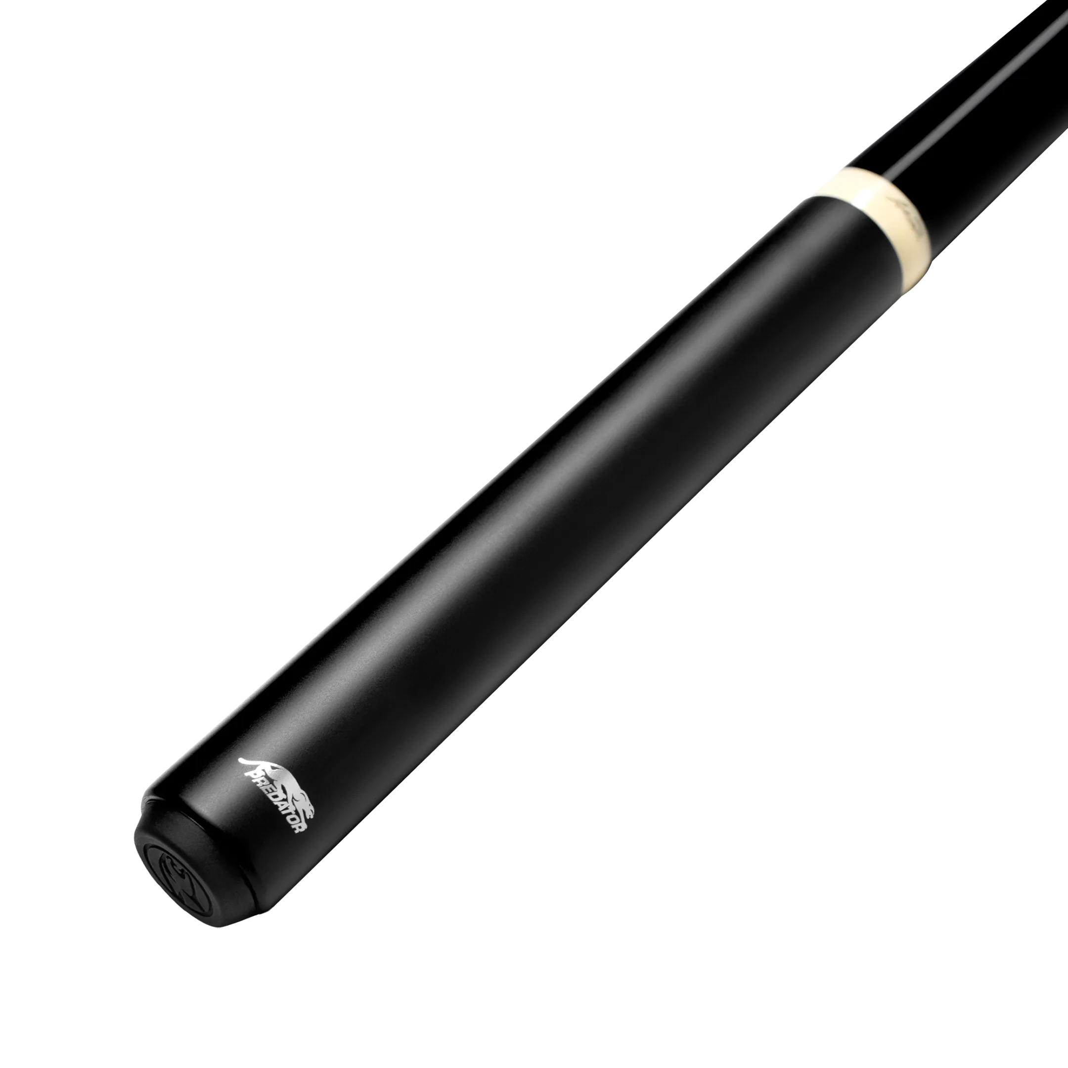 Black pool cue with a white ring accent on a white background.