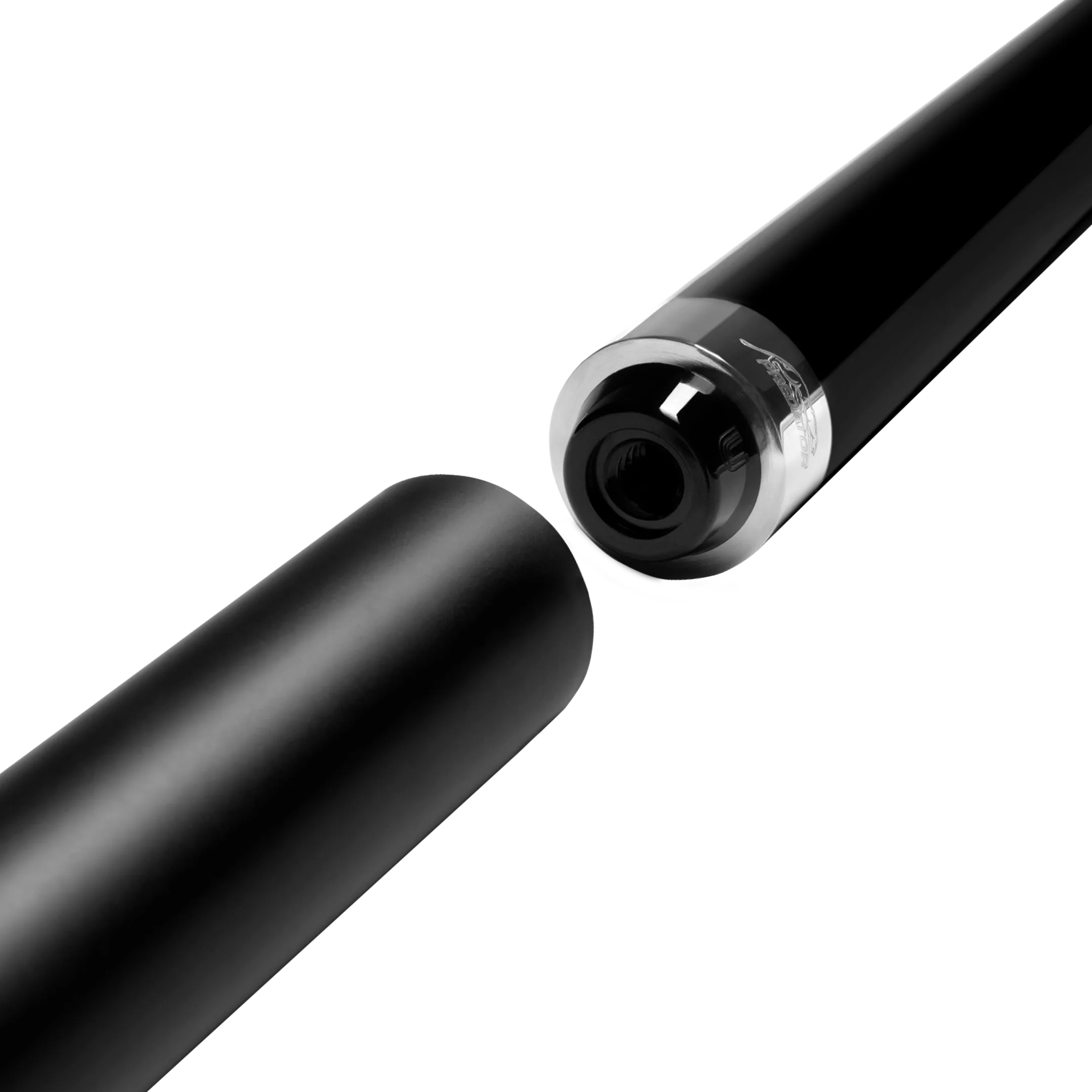 Matte black cylindrical pool cue extension posed next to black pool cue butt.