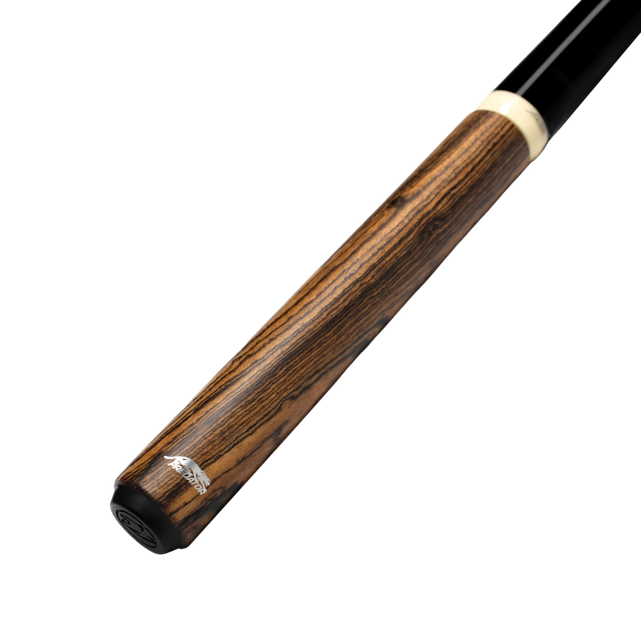 Wooden pool cue with black and white accents on a white background.