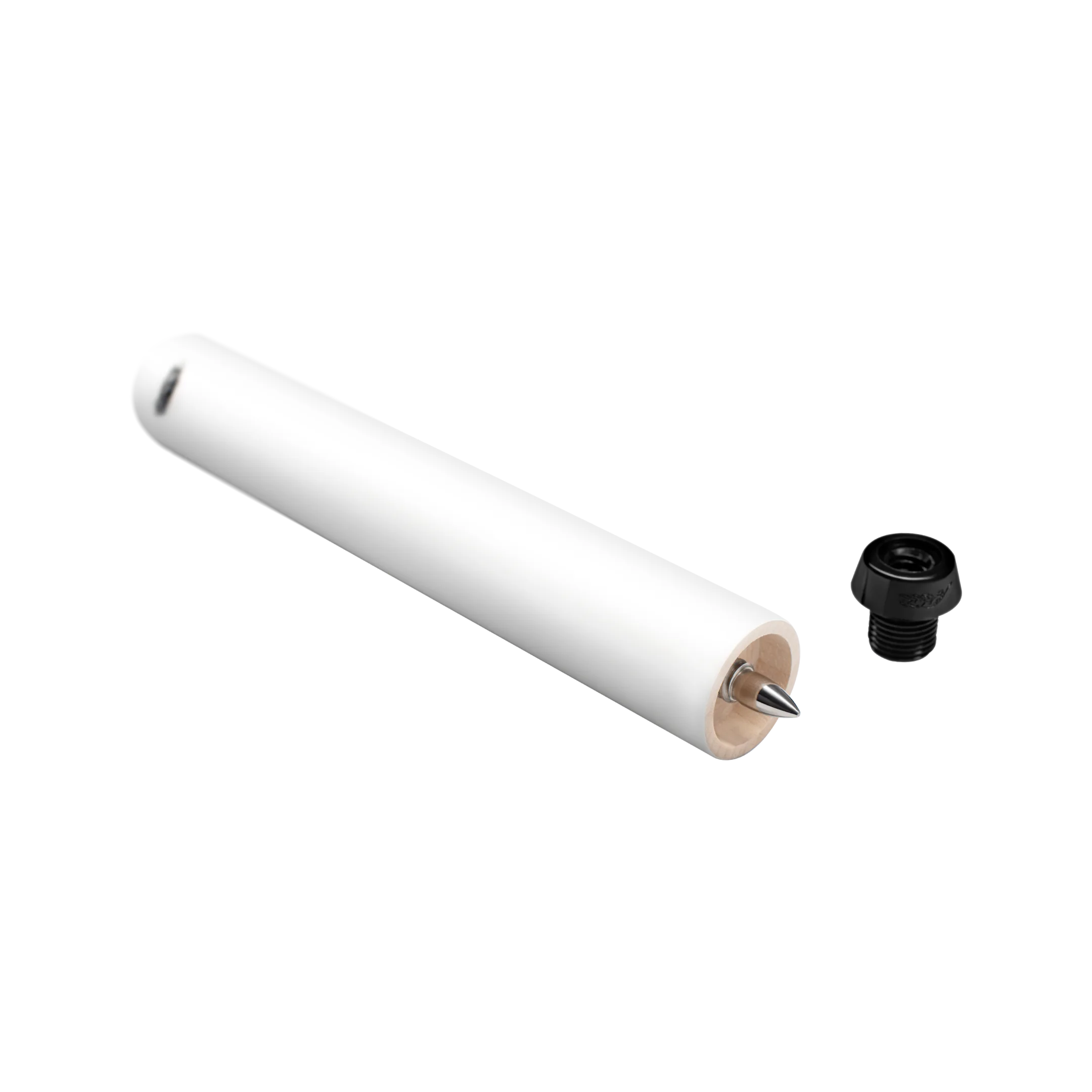 White cylindrical pool cue extension with black screw-in pool cue bumper.