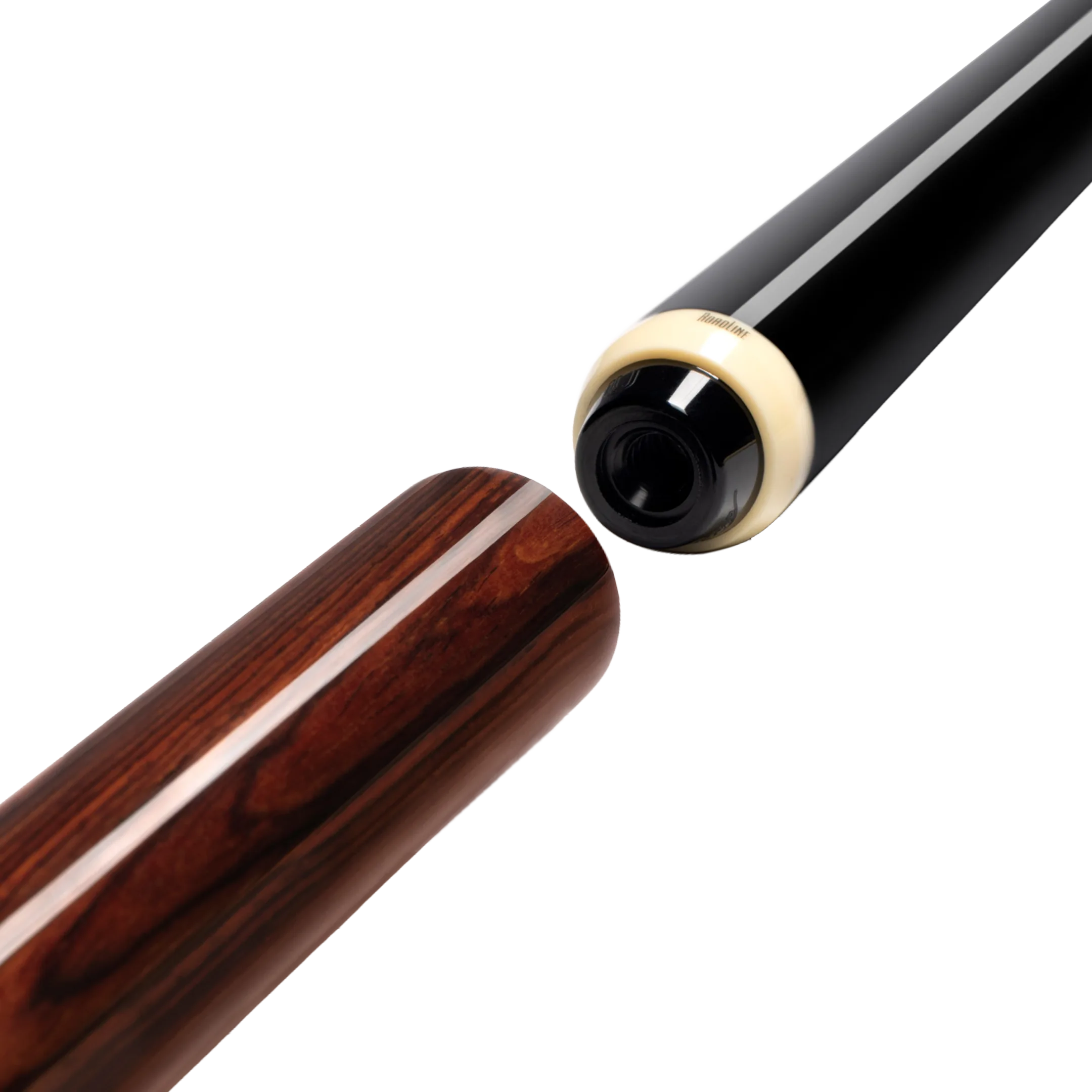 Brown polished wood cue stick extension positioned near pool cue butt.