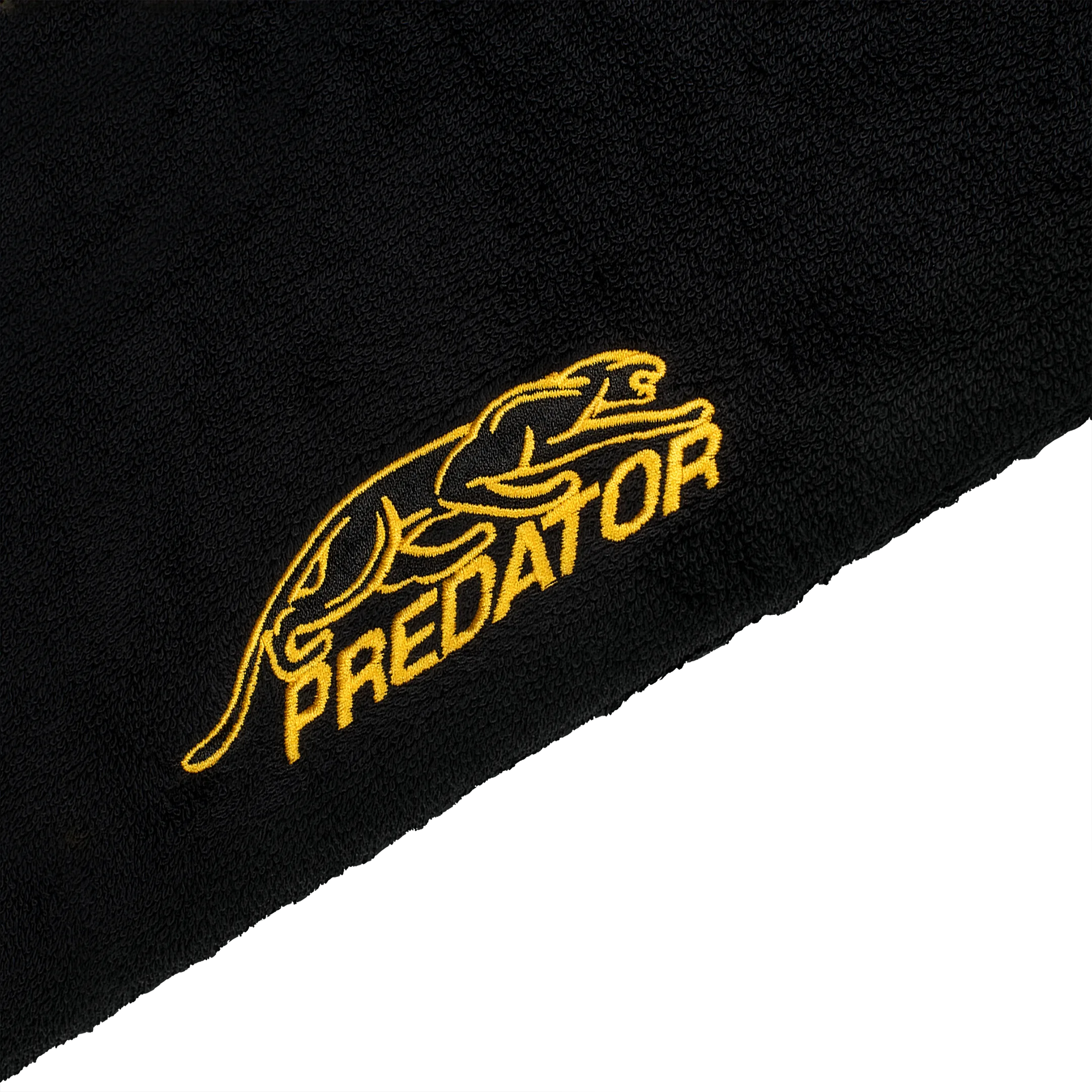 Black towel with yellow 'Predator' logo on a white background.