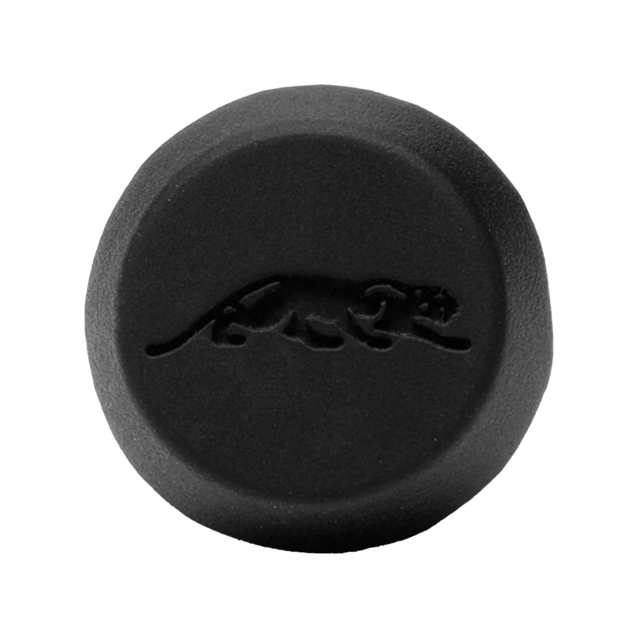 Black rubber pool cue bumper with cat logo on white background.