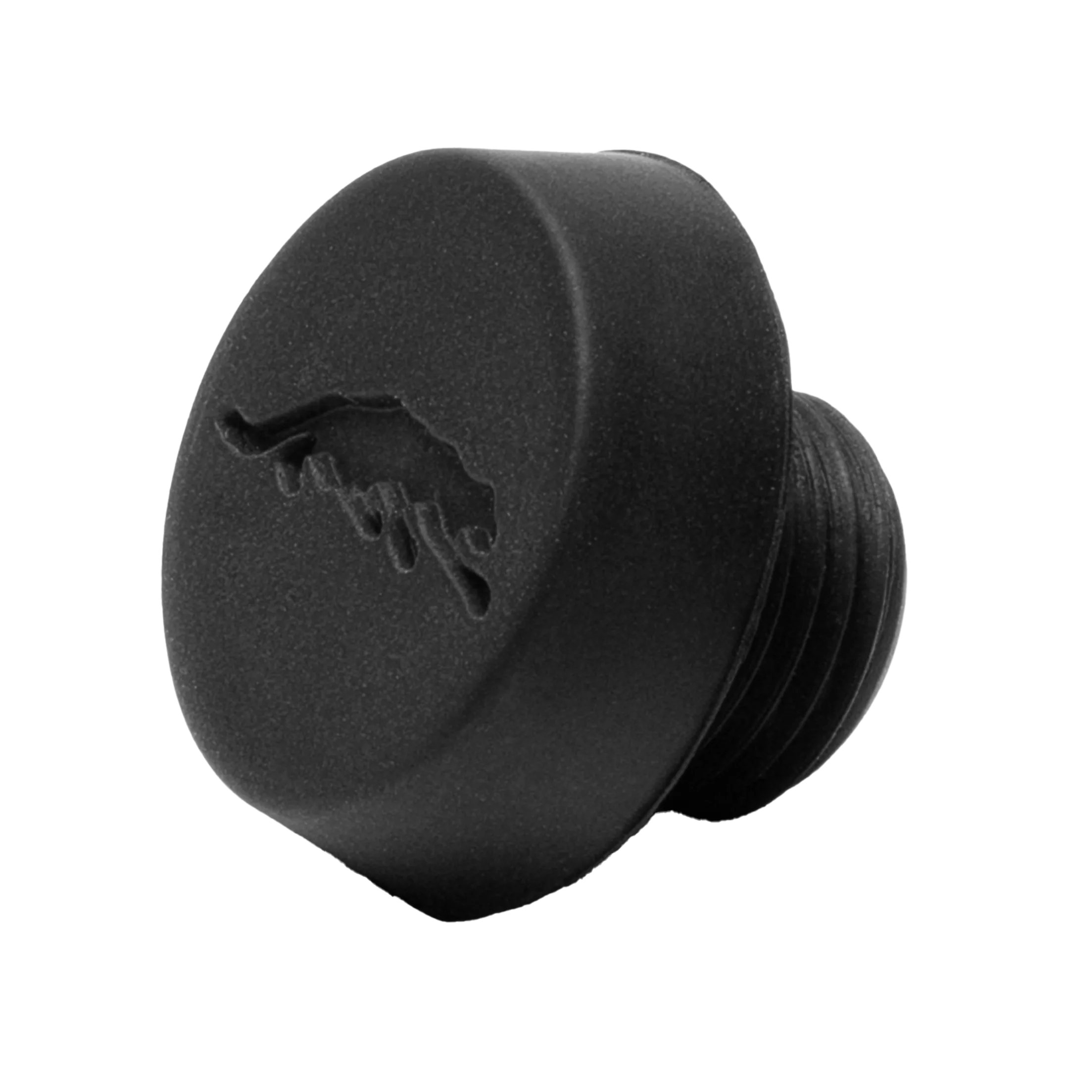 Black pool cue bumper with cat logo on white background.