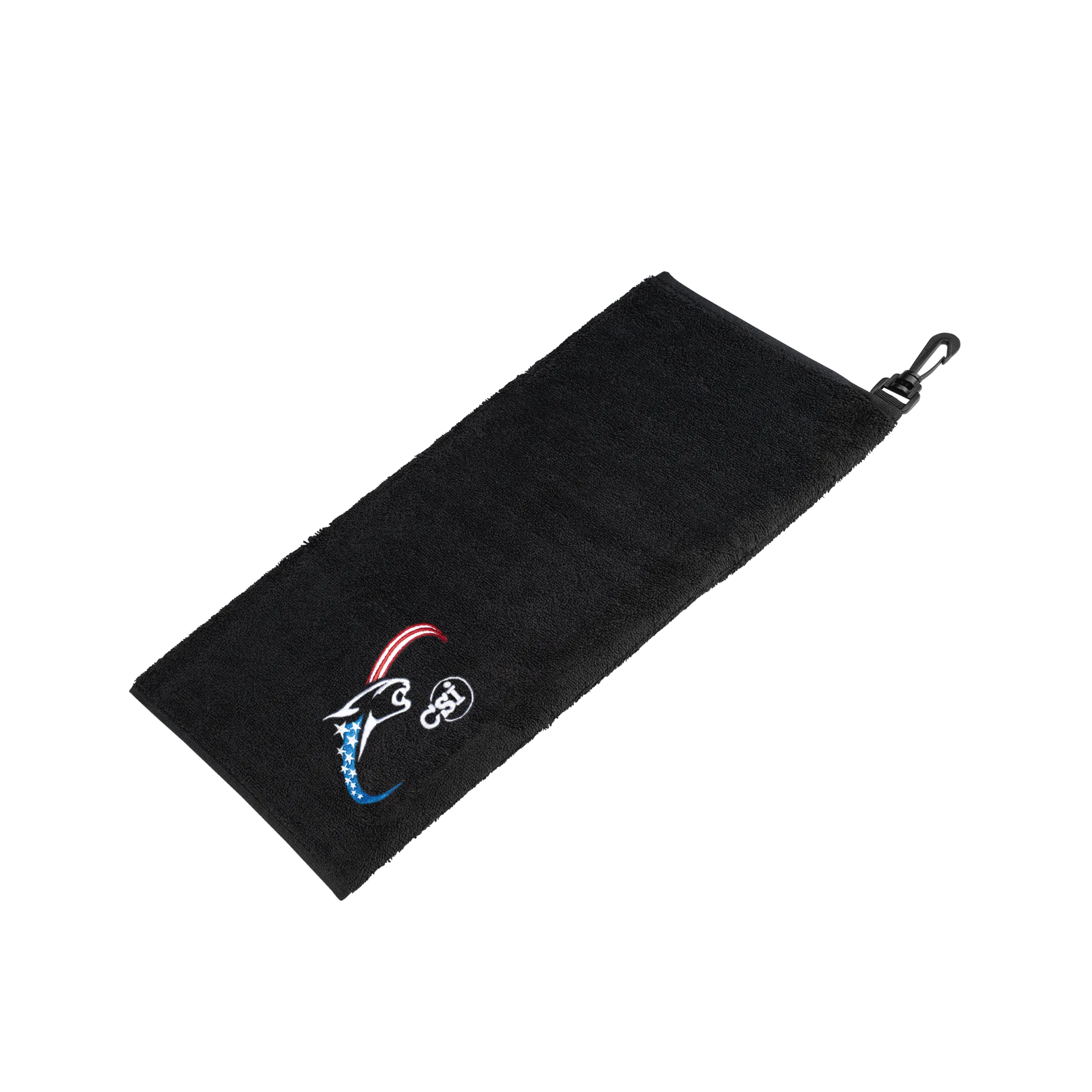 Black towel with red, white, and blue cat head logo on white background.