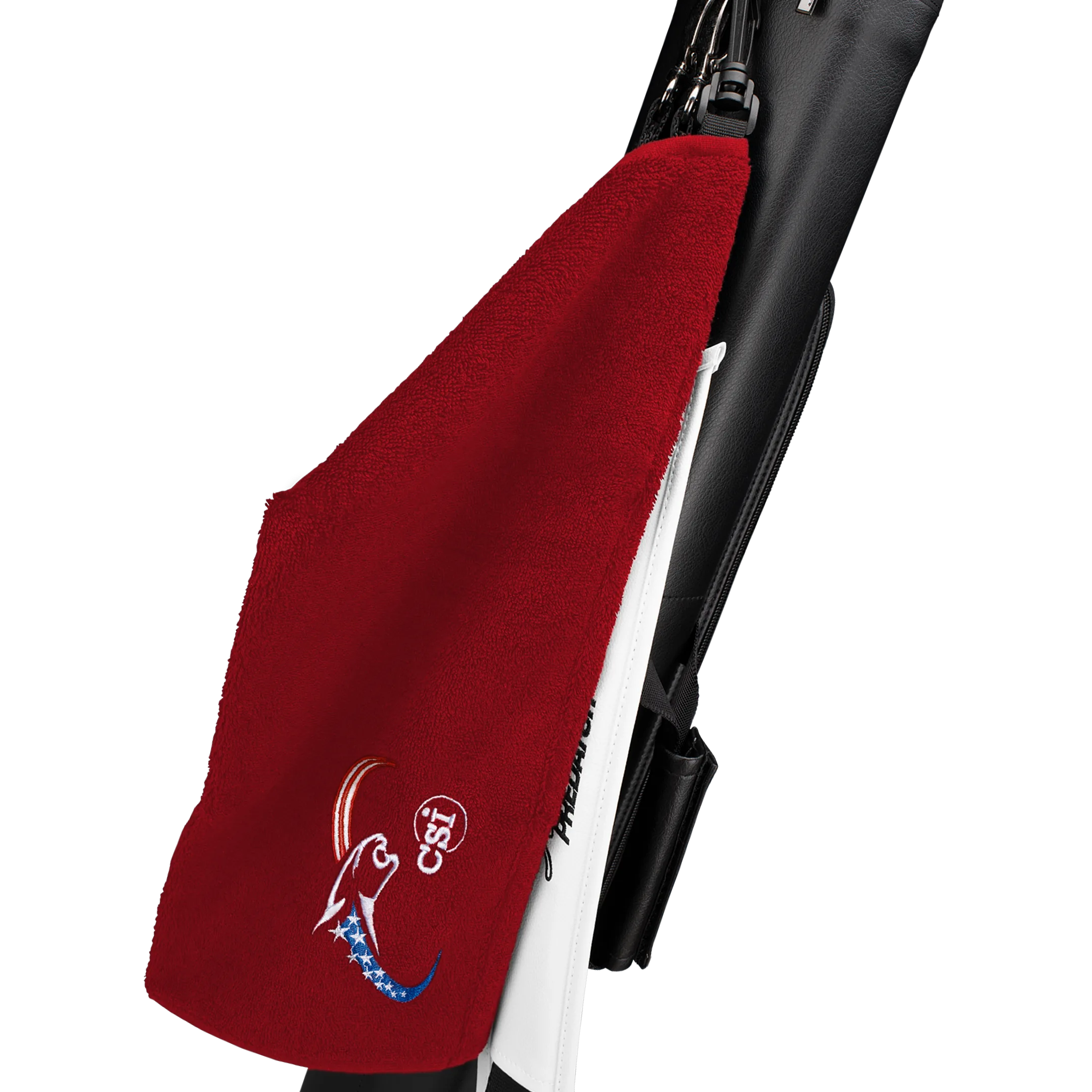 Red towel with red, white, and blue cat head logo, clipped to black and white pool cue case.