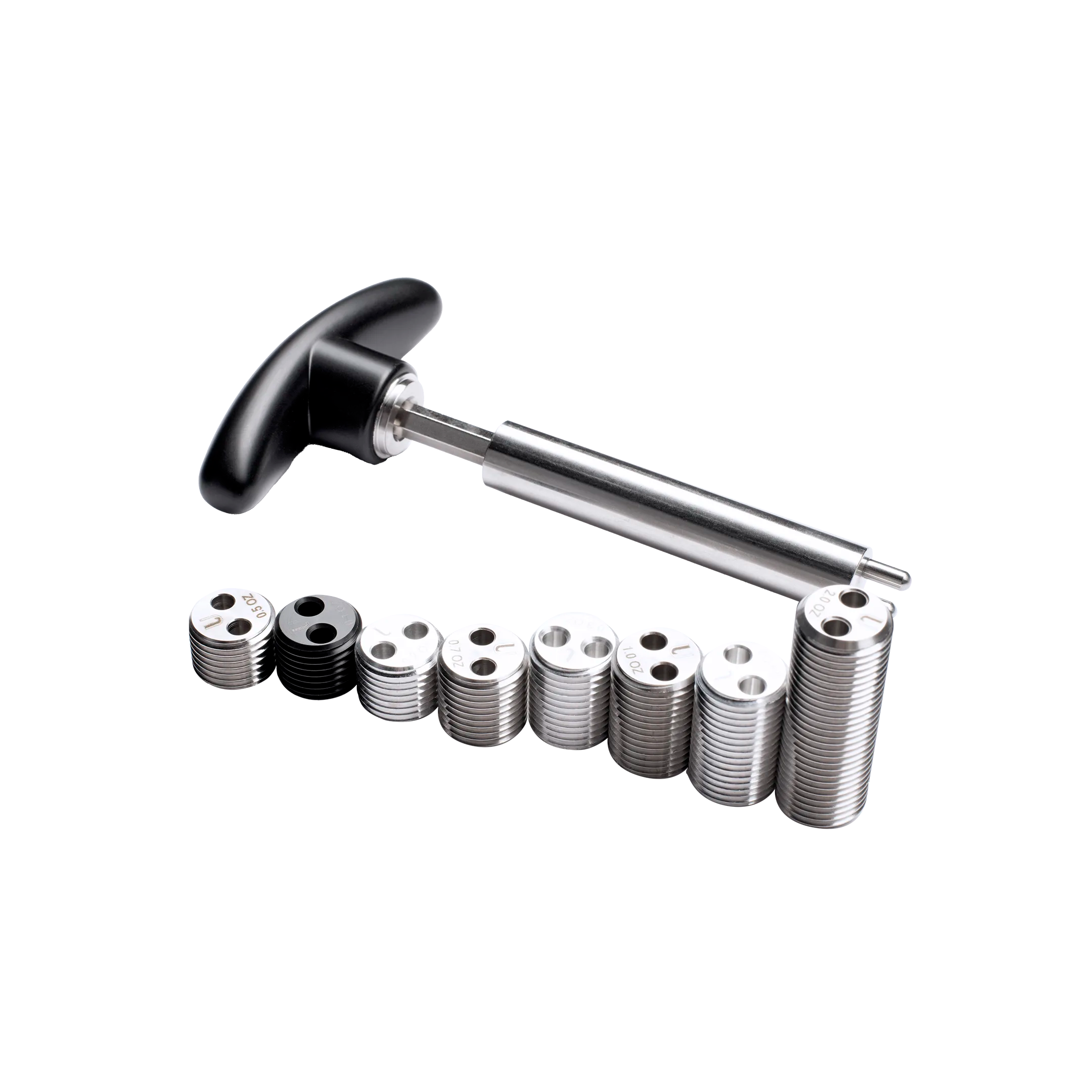 Metal weight bolts ranging in size next to metal installation tool with black handle.
