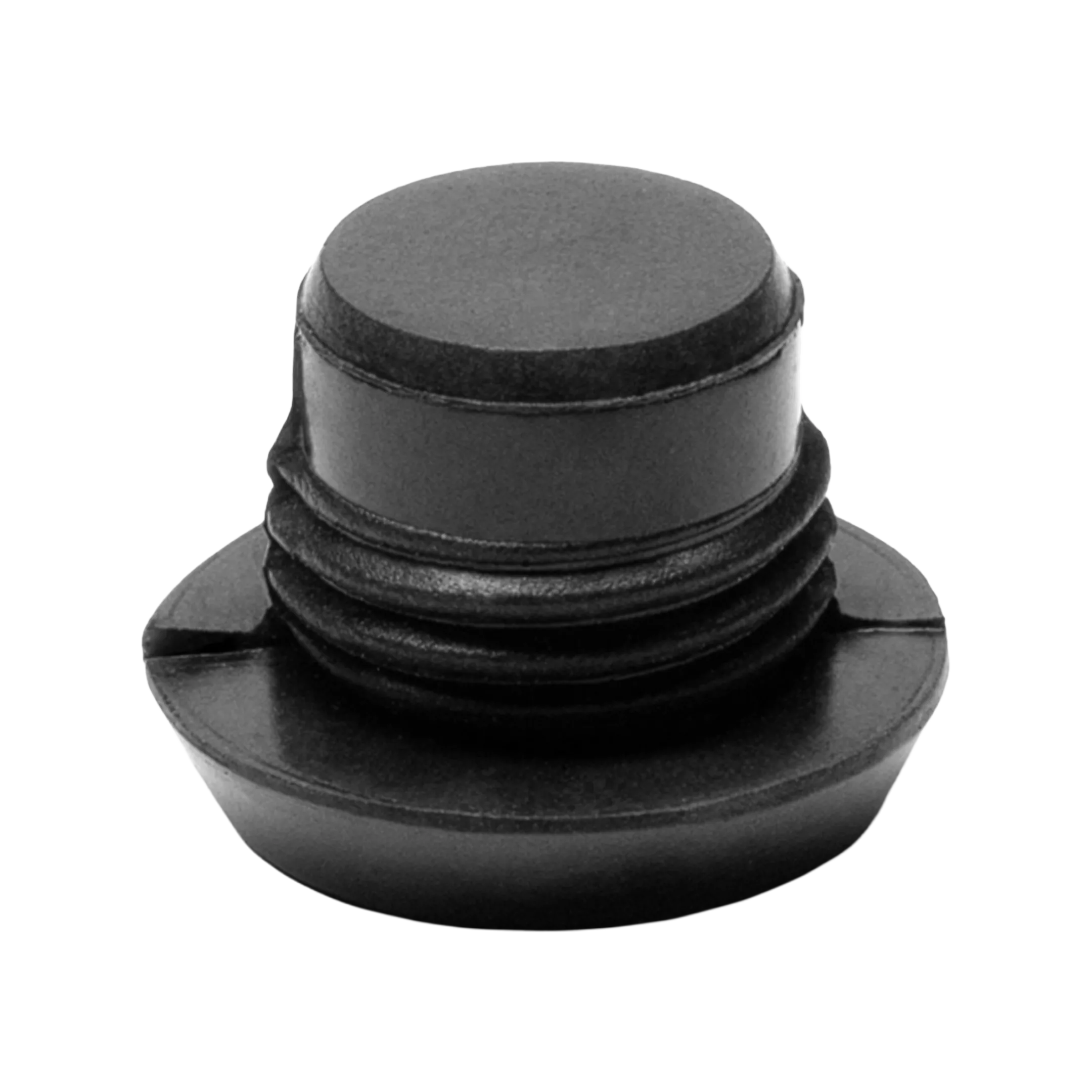 Black threaded pool cue bumper on white background.