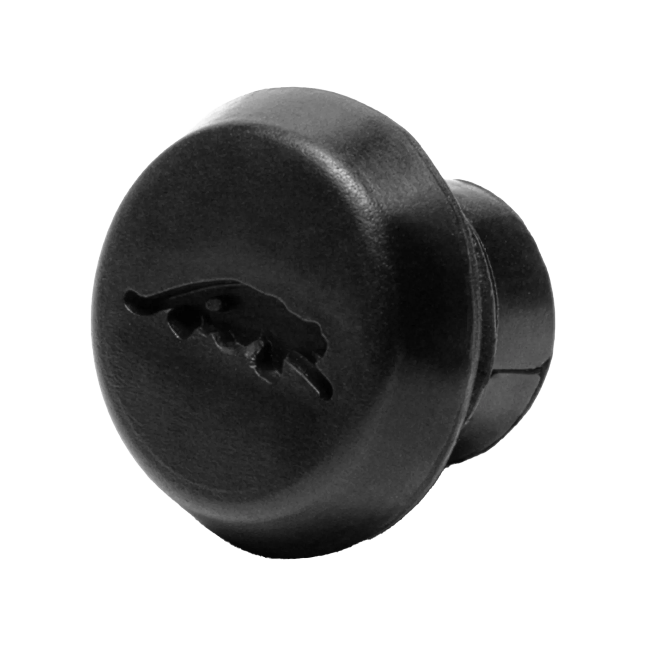 Black pool cue bumper with cat logo on white background.