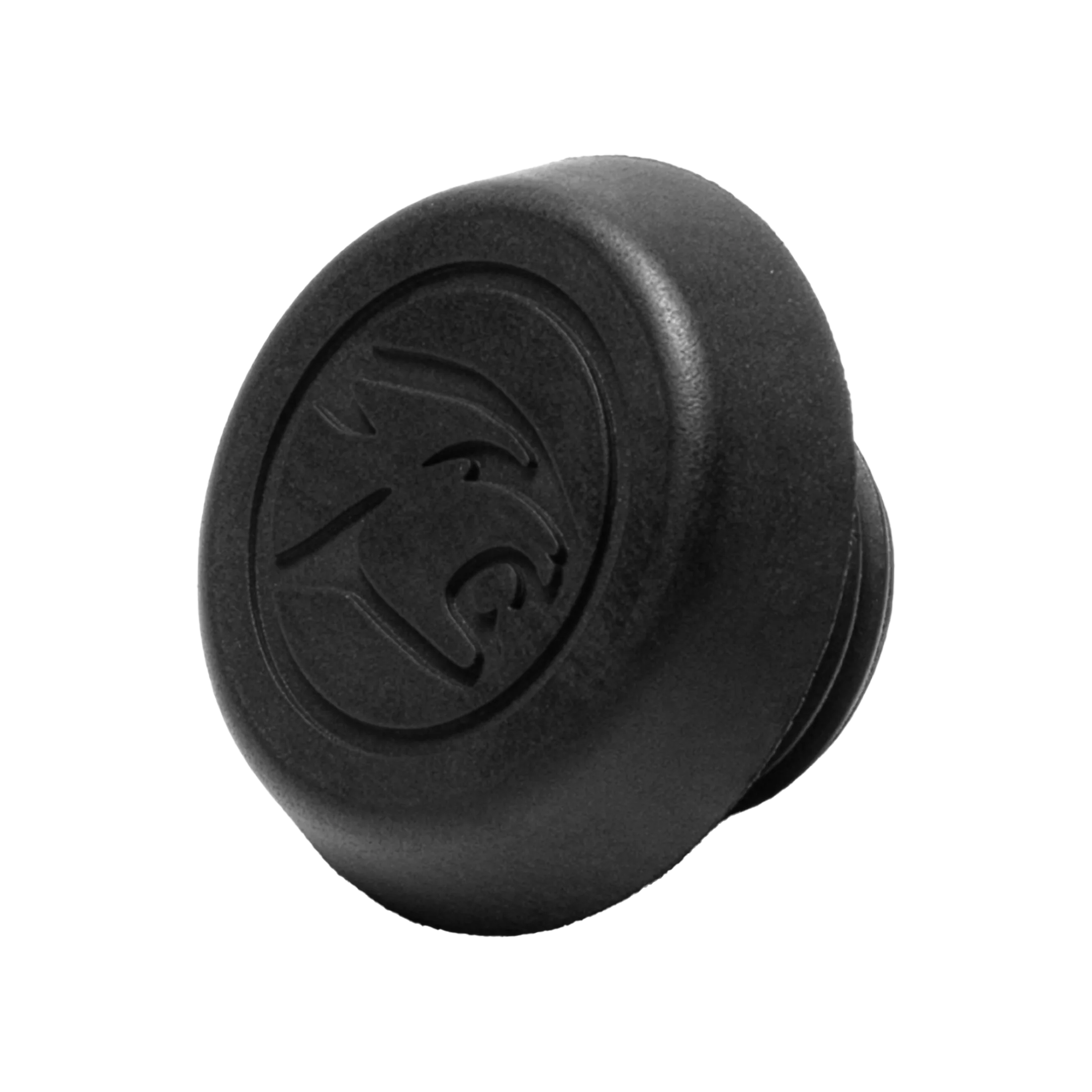 Black pool cue bumper with circular cat head logo on white background.