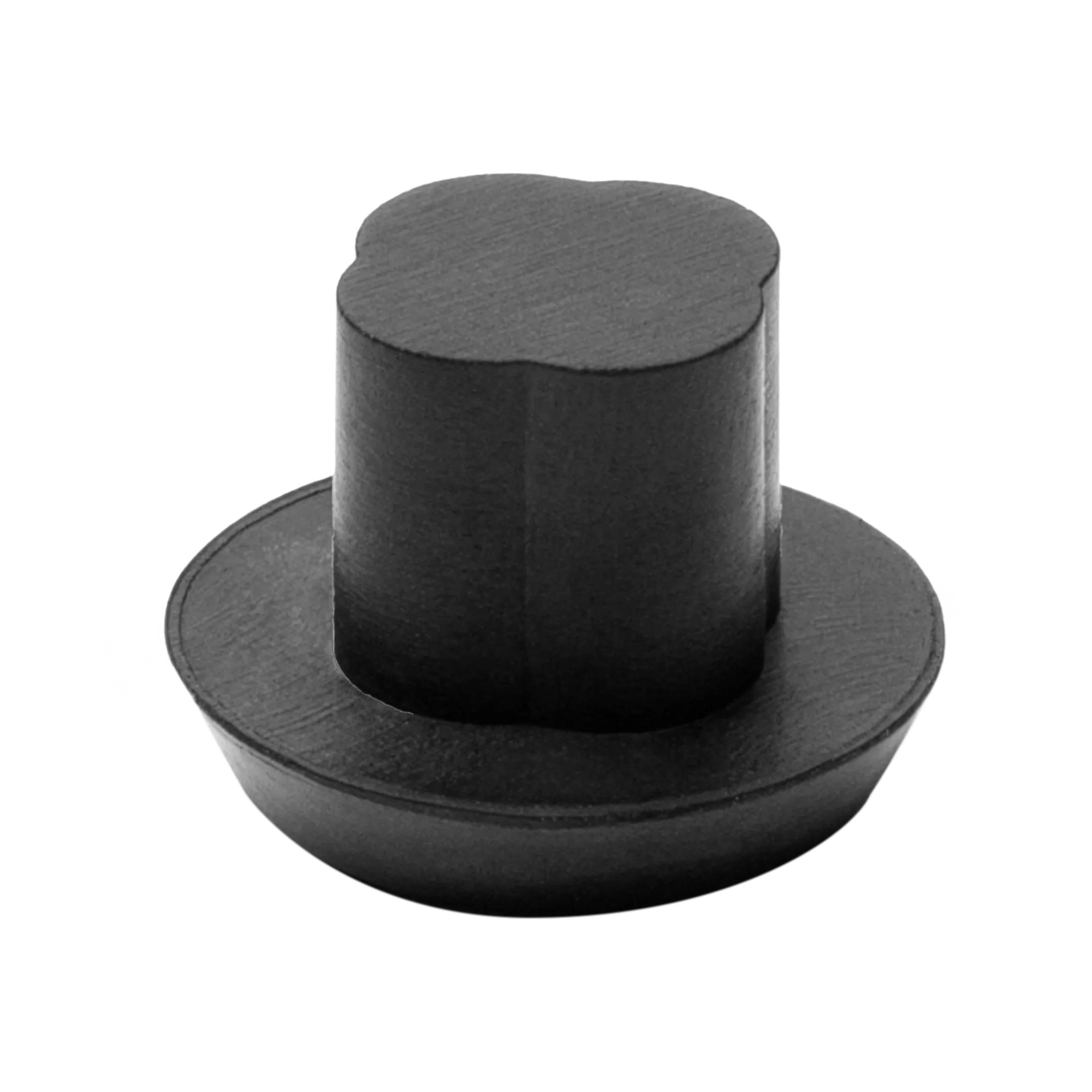 Bottom view of black pool cue bumper on white background.