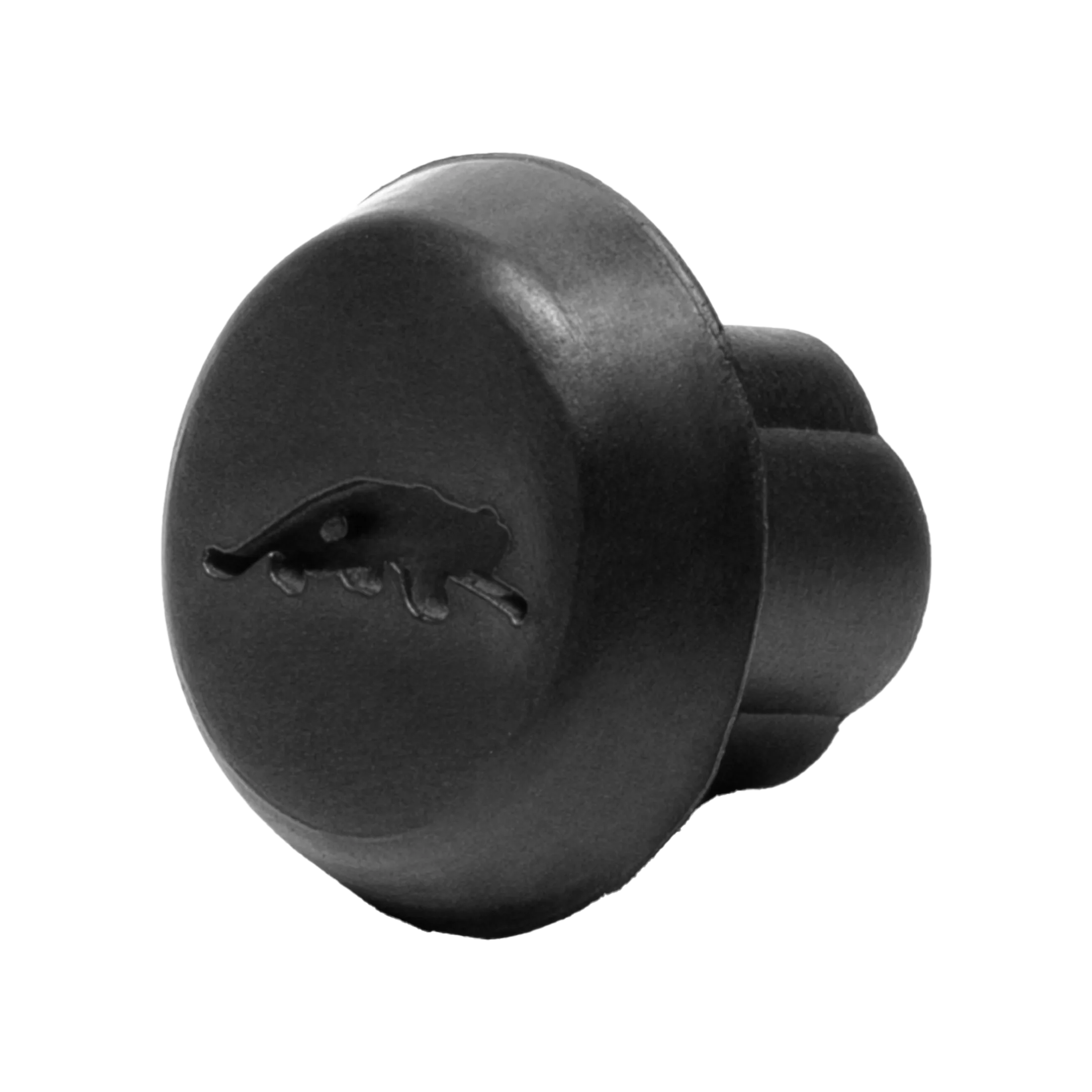 Black pool cue bumper with cat logo.