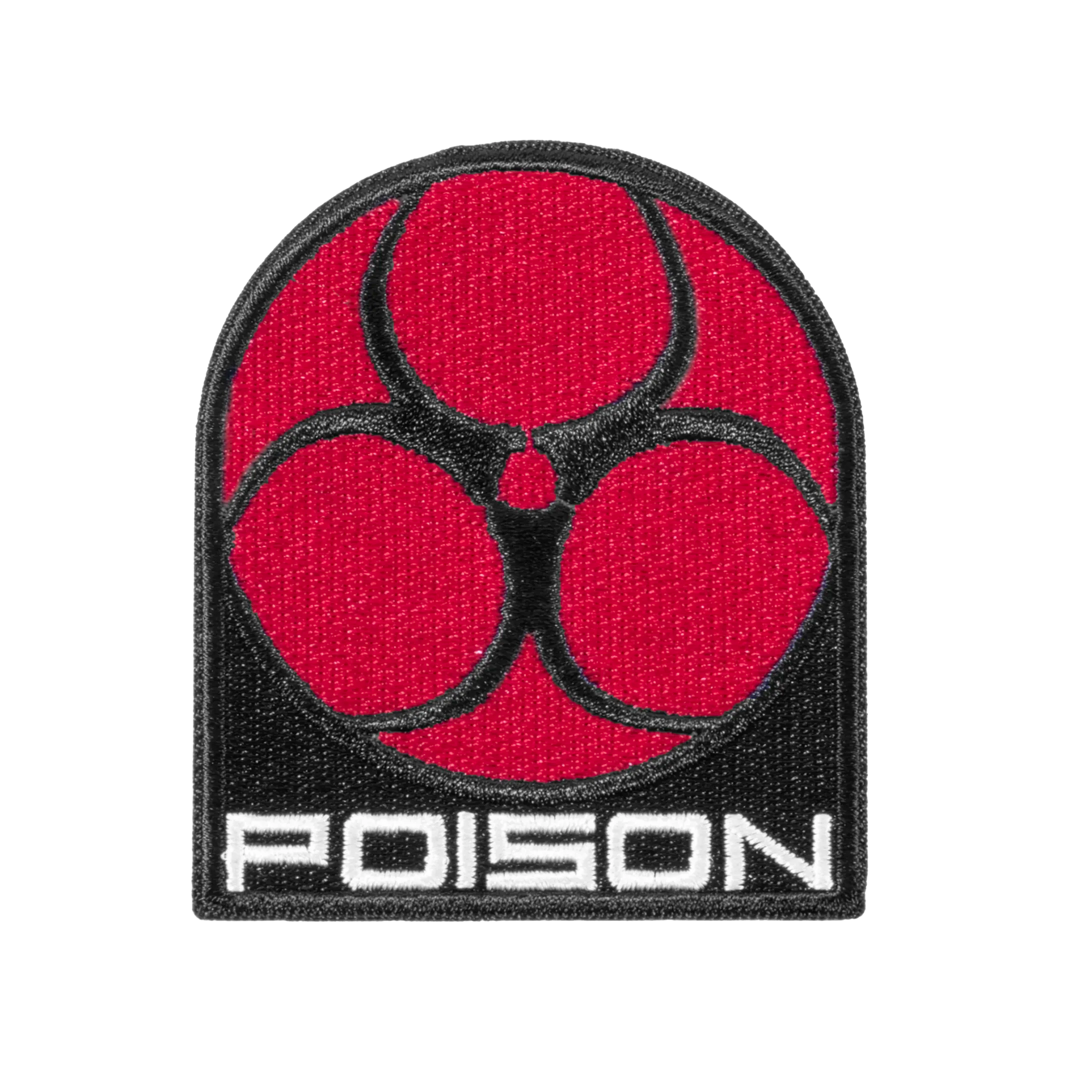 Red and black Poison logo patch on white background.
