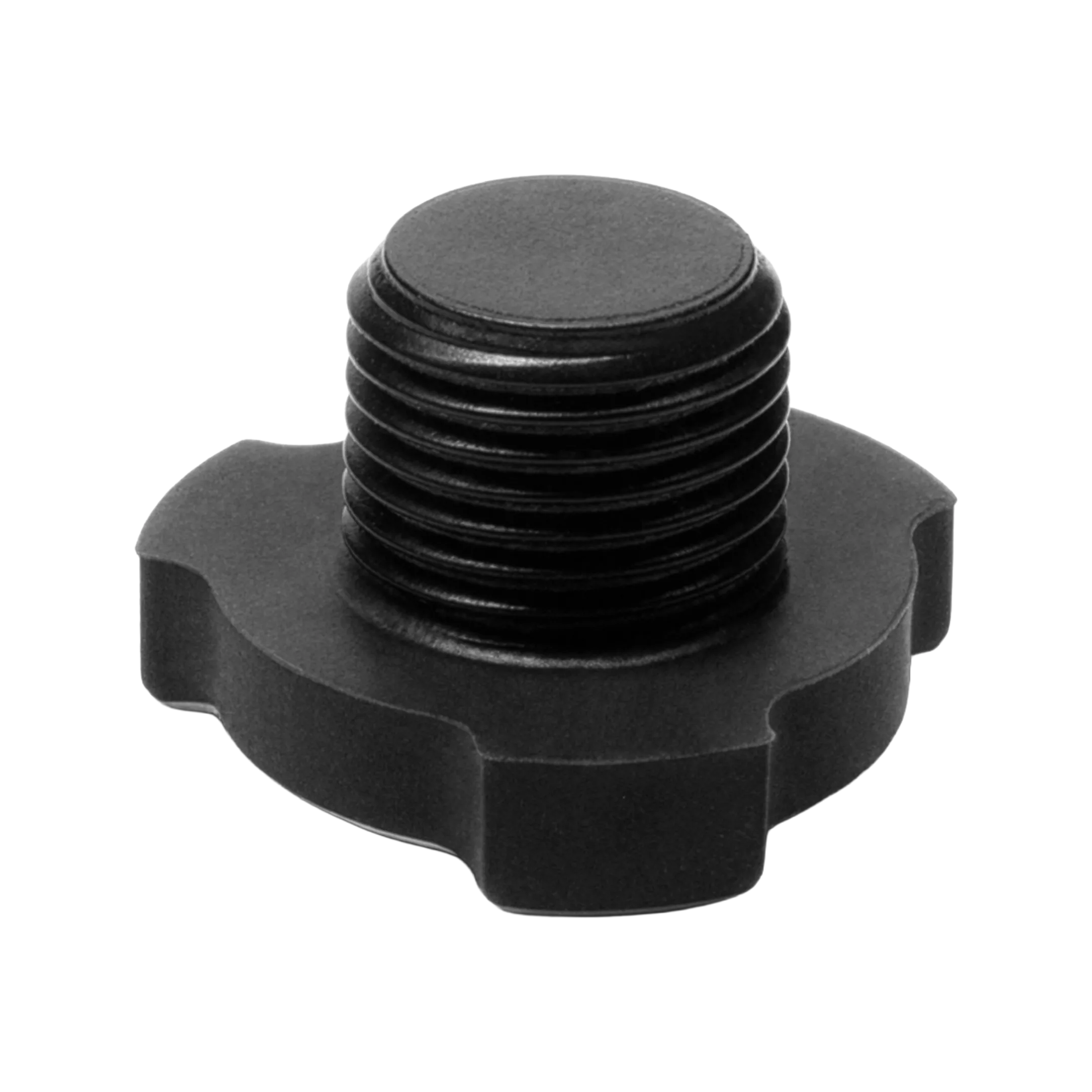 Black threaded knob on a white background.
