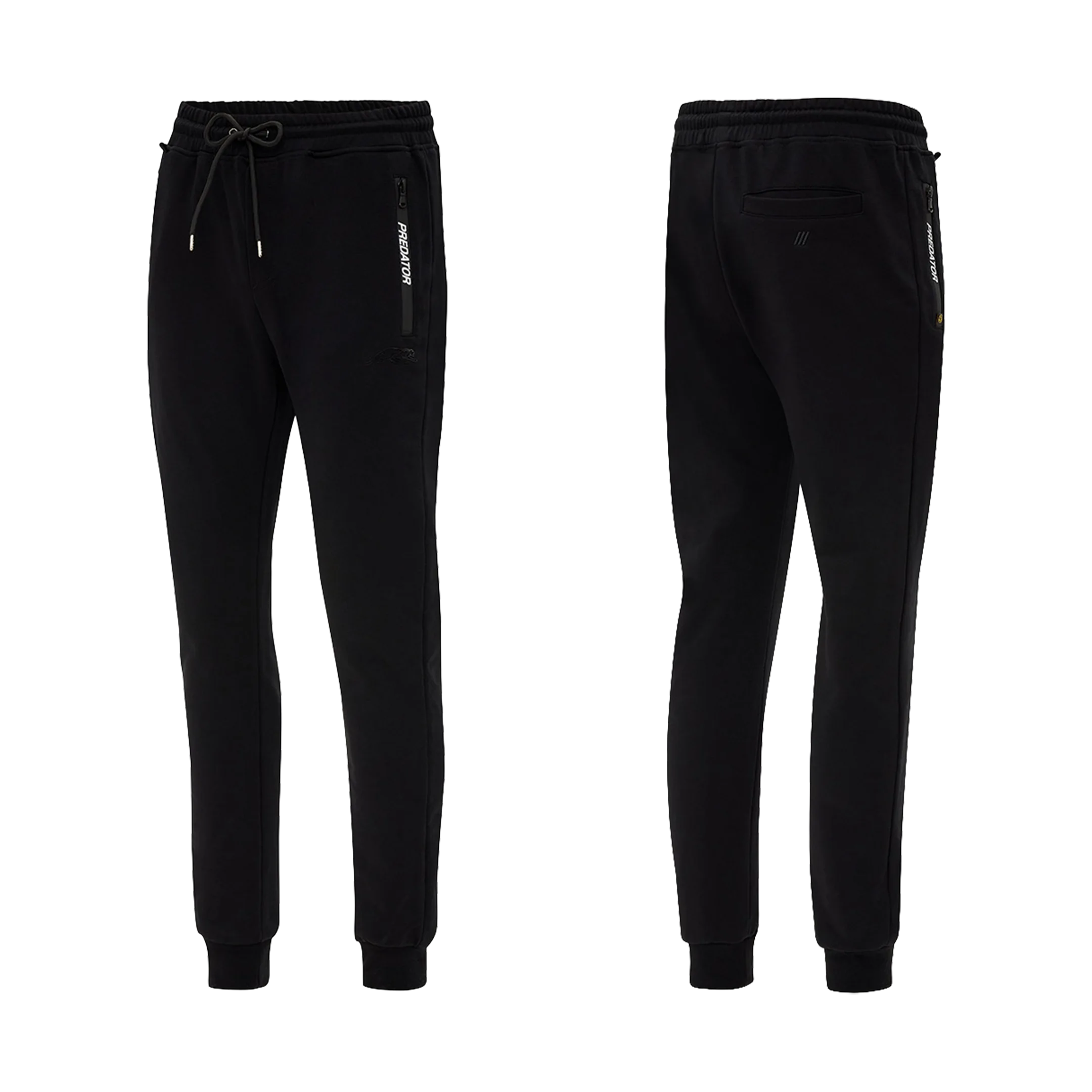 Black jogger pants with a white PREDATOR logo