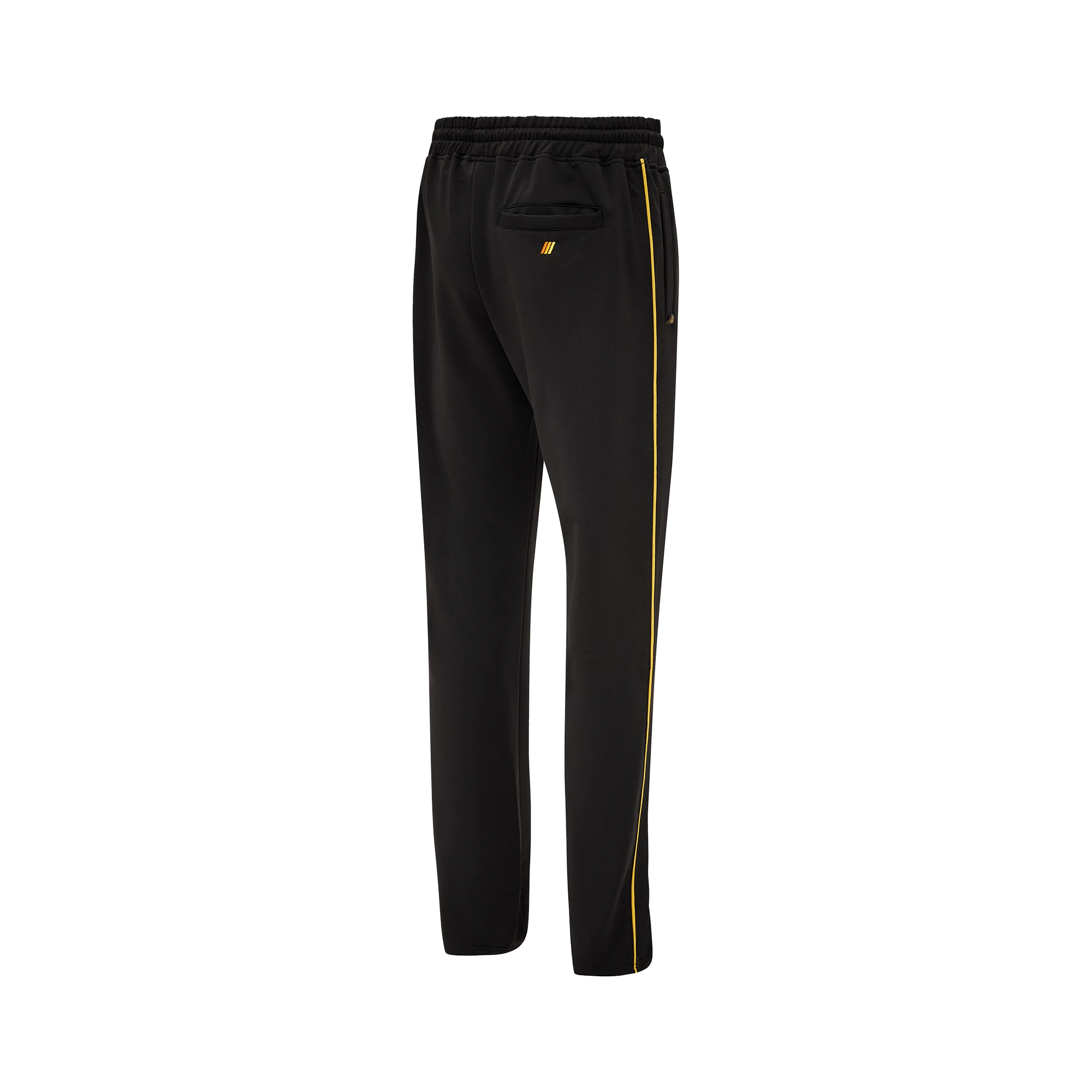 Black jogging pants with single yellow stripe and orange/yellow emblem on back pocket against a white background.