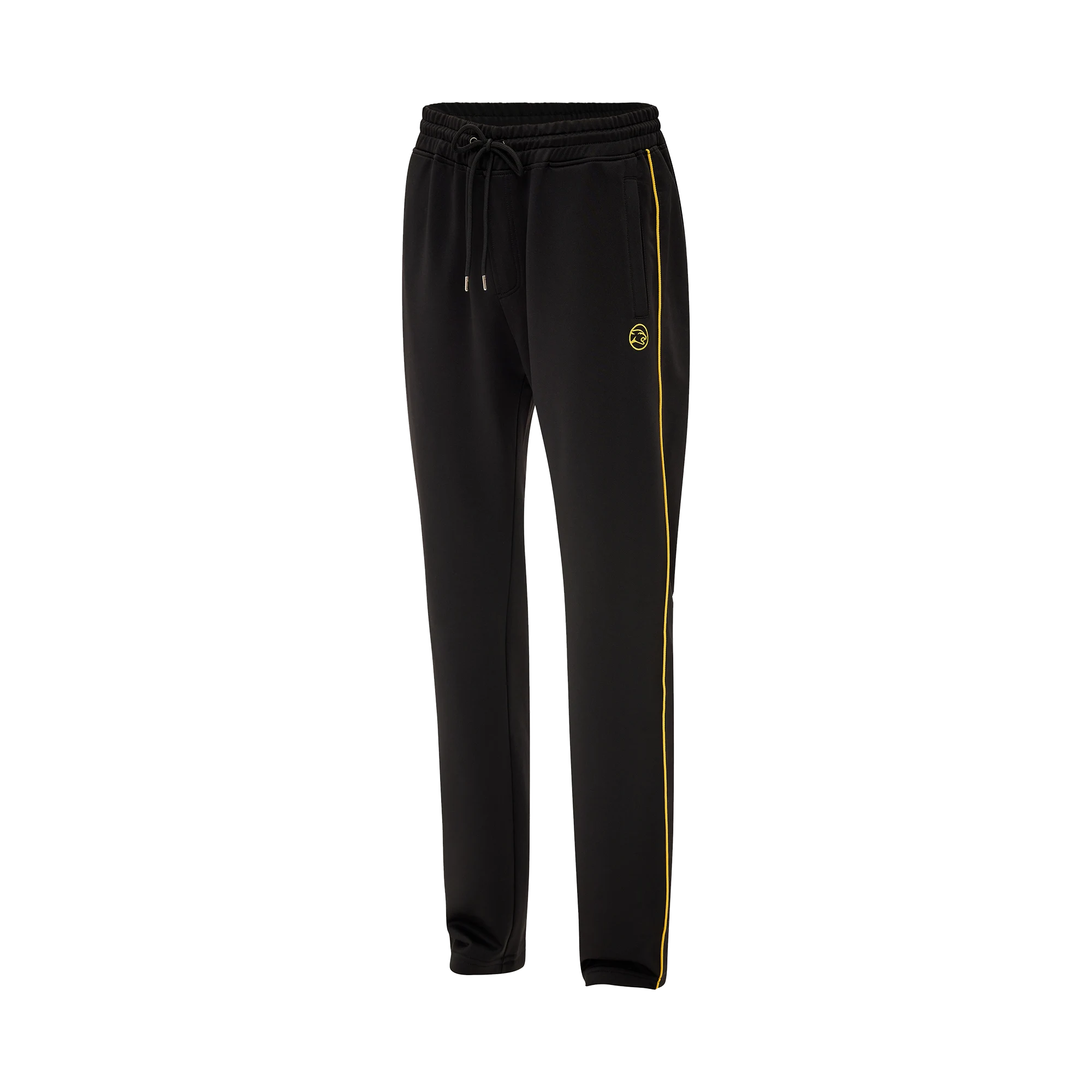 Black drawstring jogging pants with single yellow stripe and circular cat head logo against a white background.