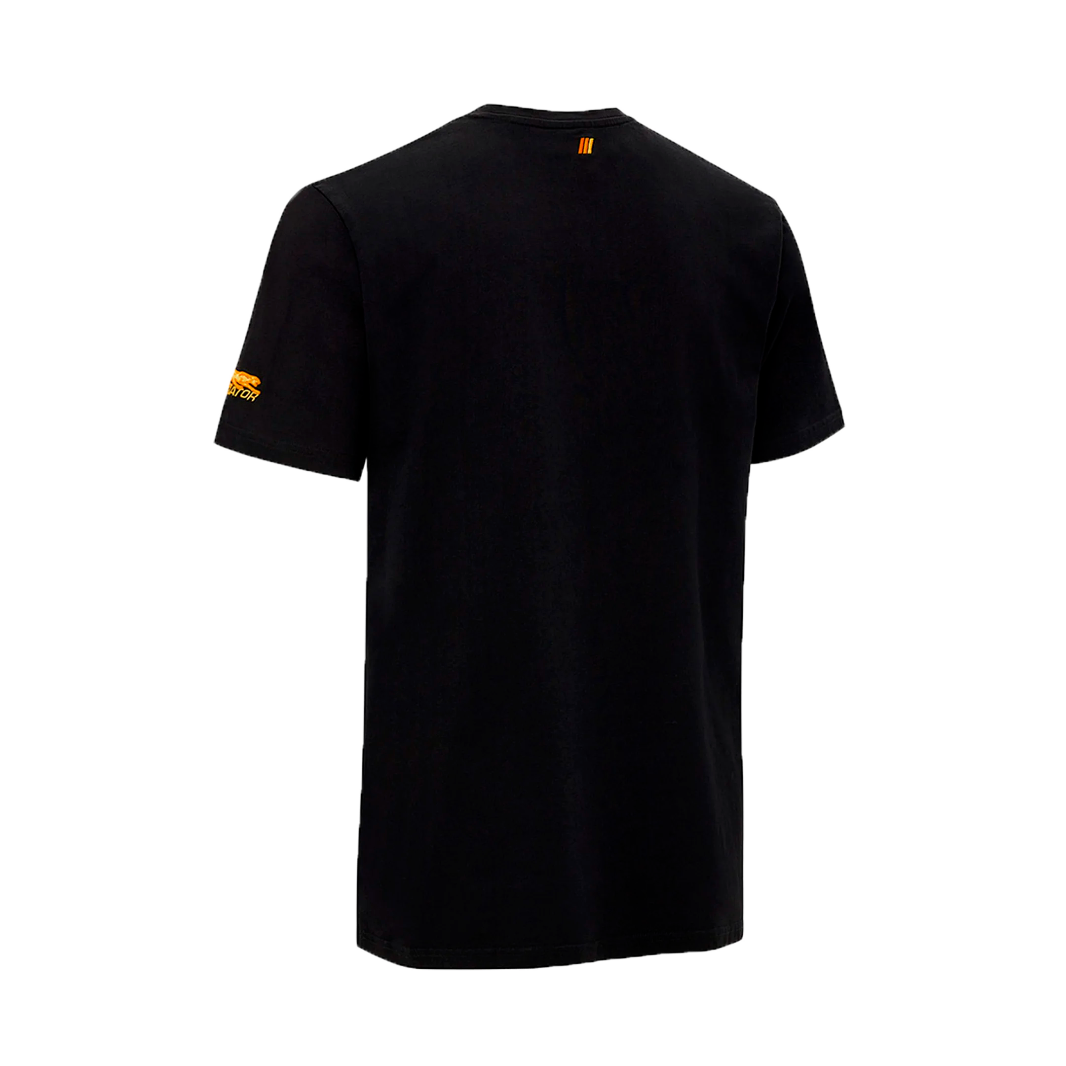 Back view of black t-shirt with a yellow logo on the sleeve