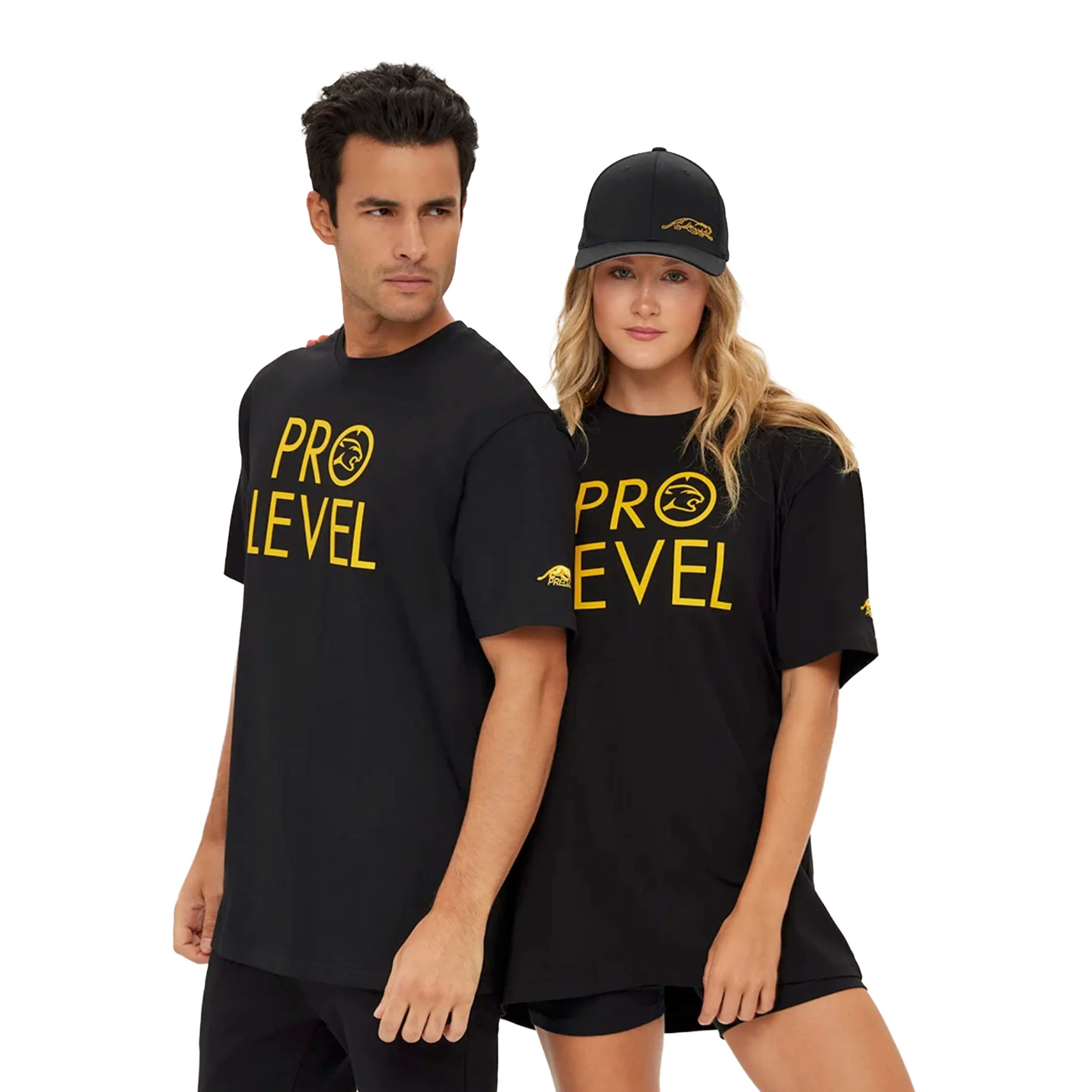 Two people wearing black 'PRO LEVEL' t-shirts and a cap