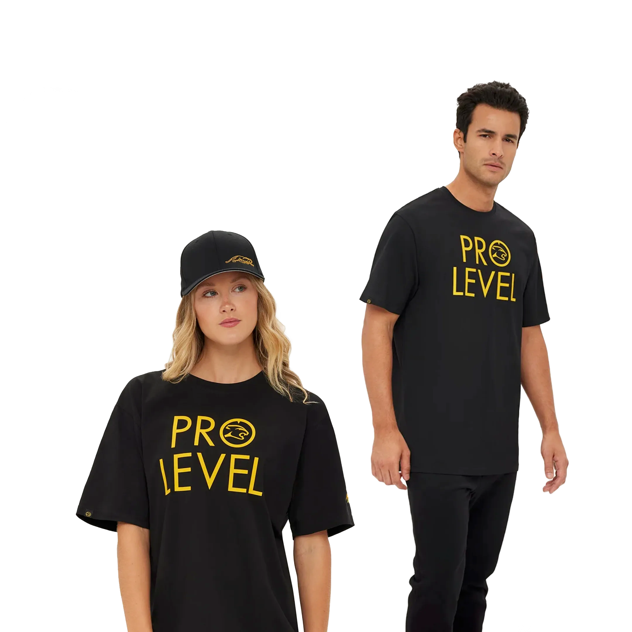 Man and woman wearing black 'PRO LEVEL' t-shirts