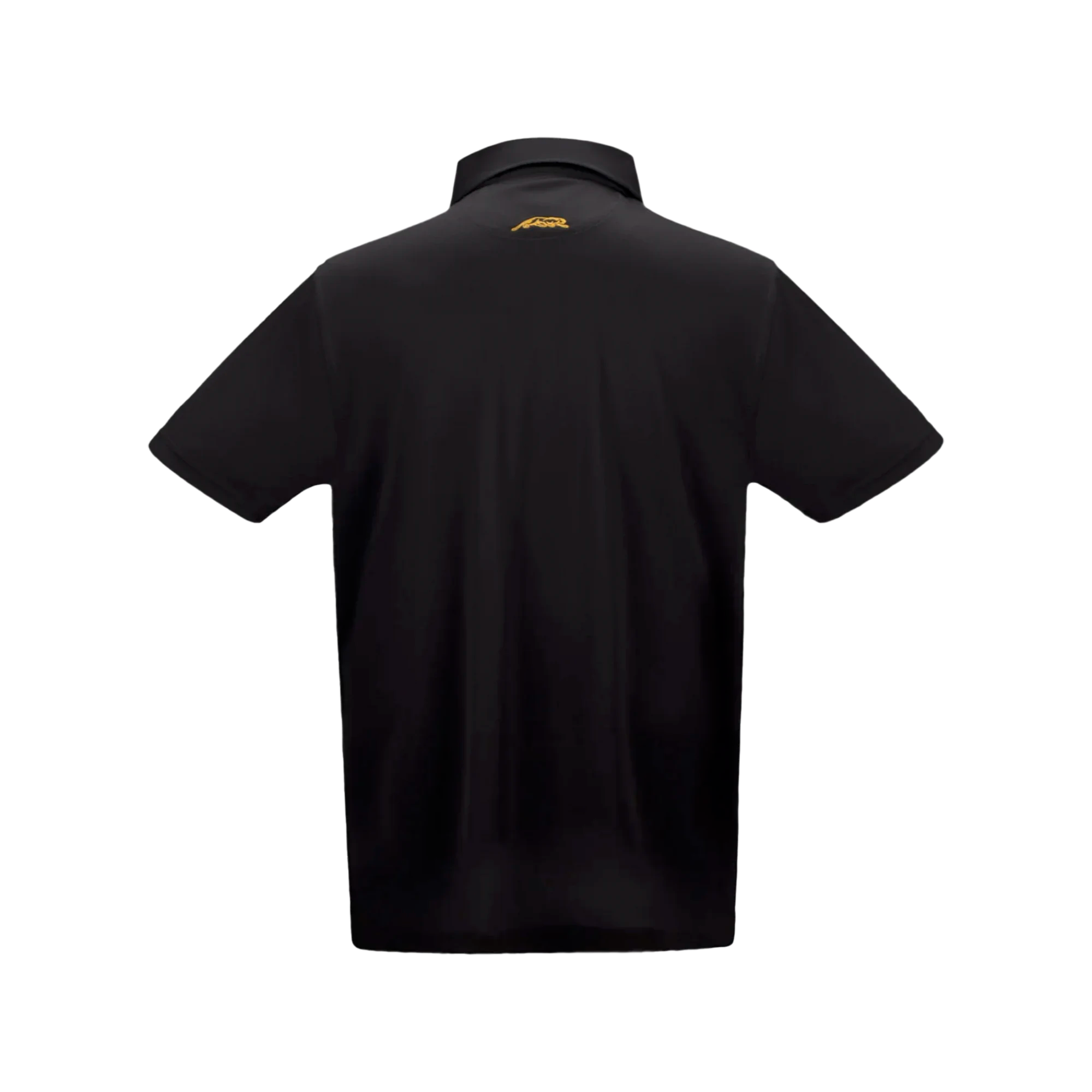 Back view of black polo shirt against a white background.