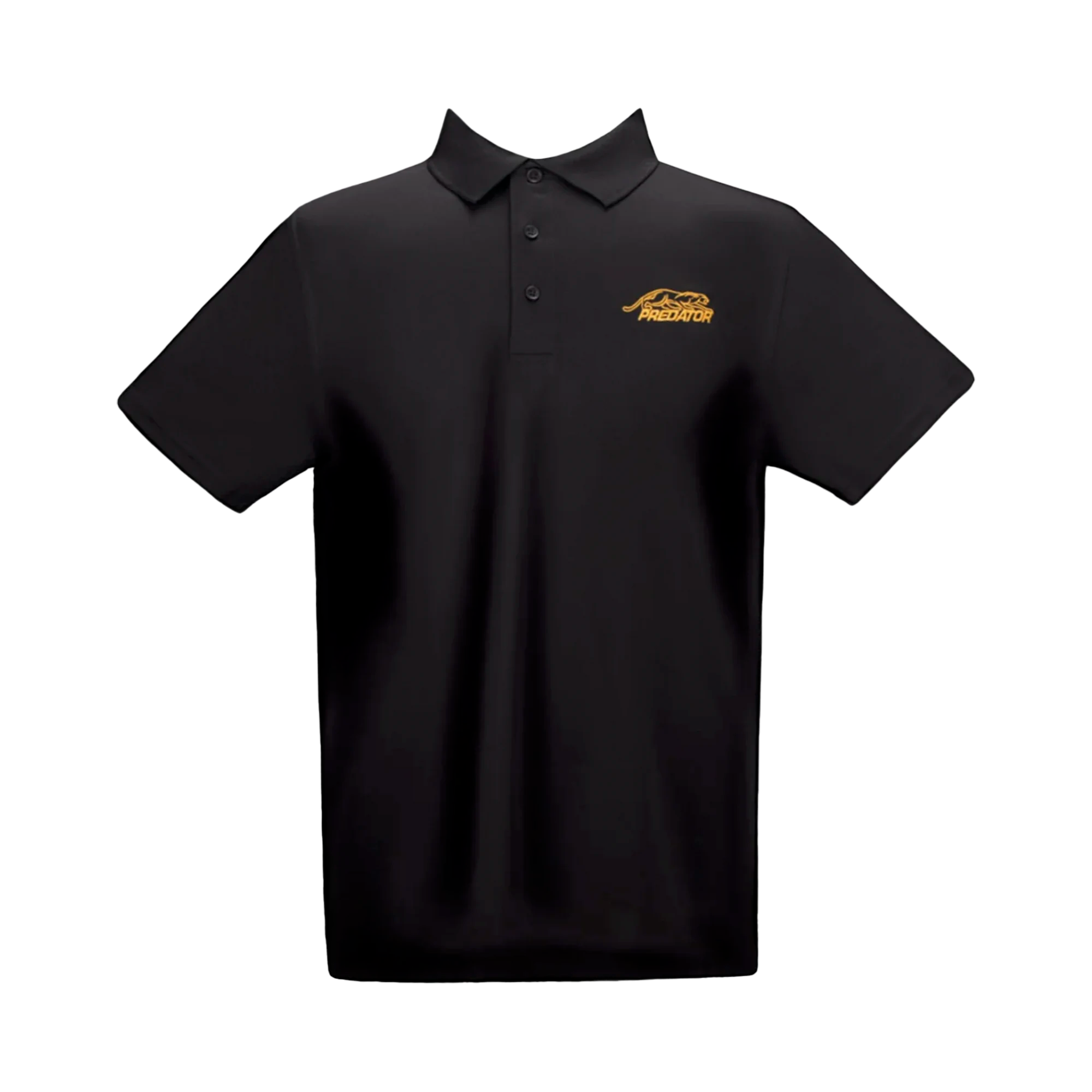 Black polo shirt with gold Predator logo against a white background.