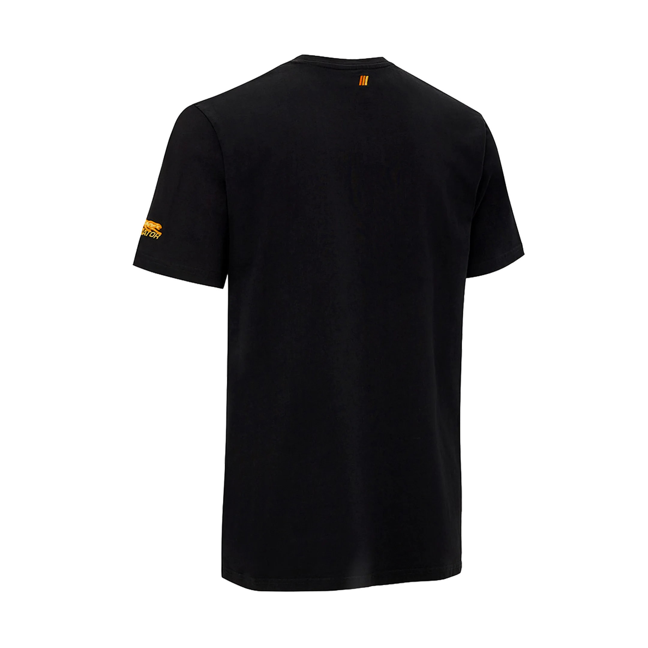 Back view of black t-shirt with small logo