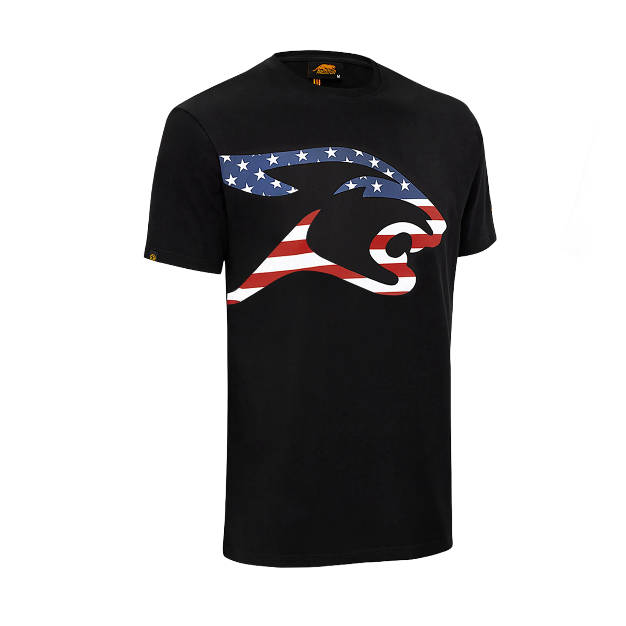 Black t-shirt with a United States flag cat head design