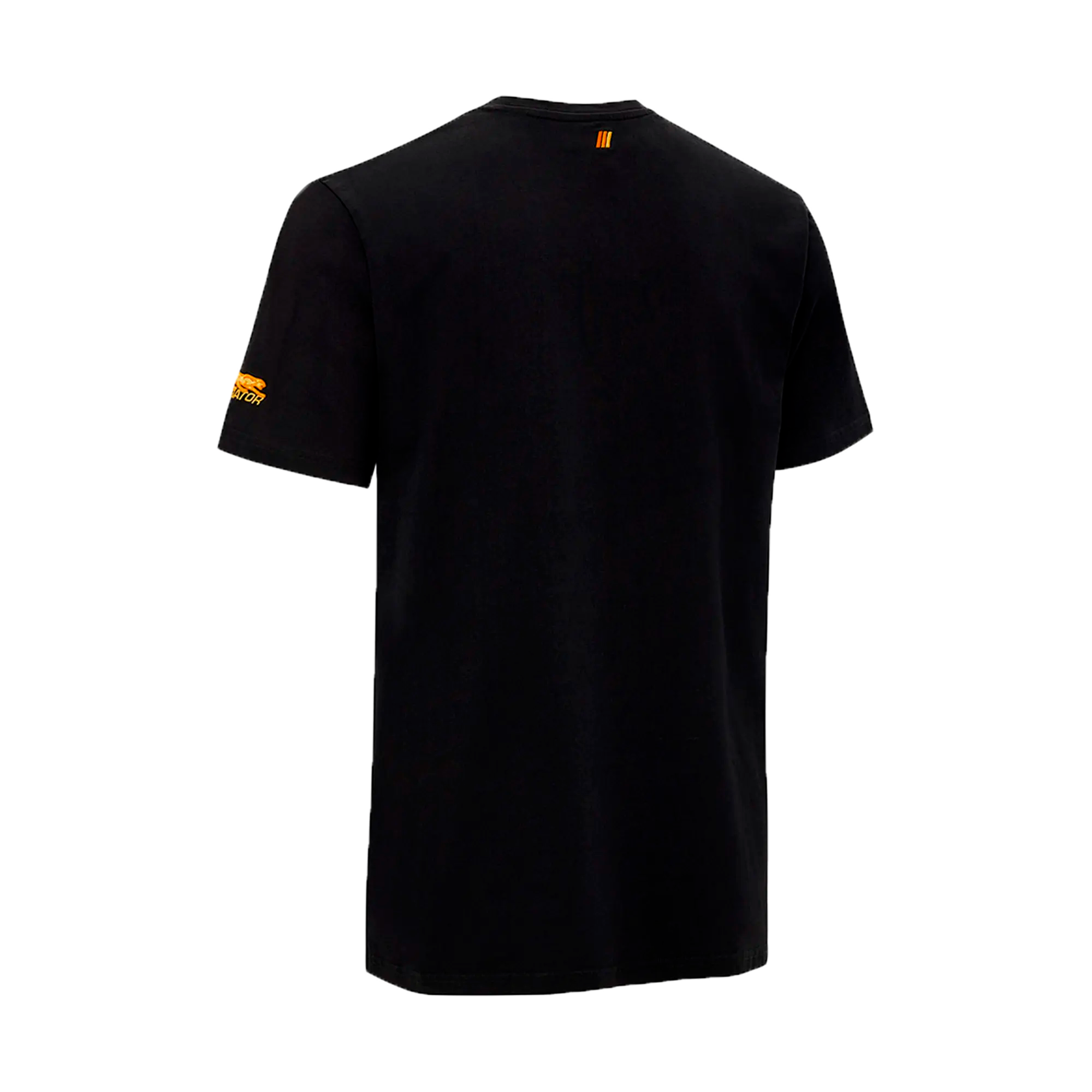 Back view of black t-shirt with gold Predator logo on the sleeve against a white background.