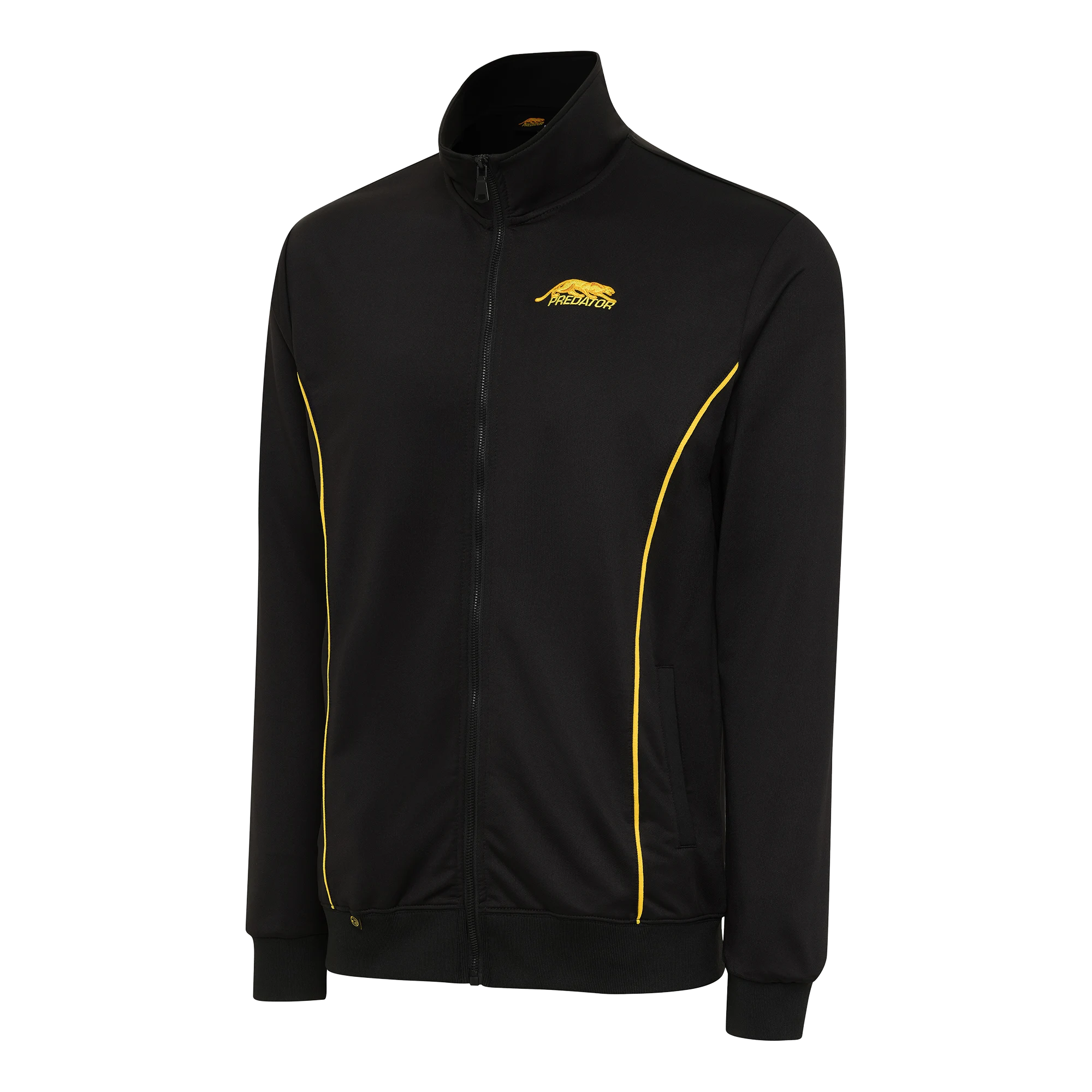 Black zip-up jacket with gold trim and gold Predator logo against a white background.